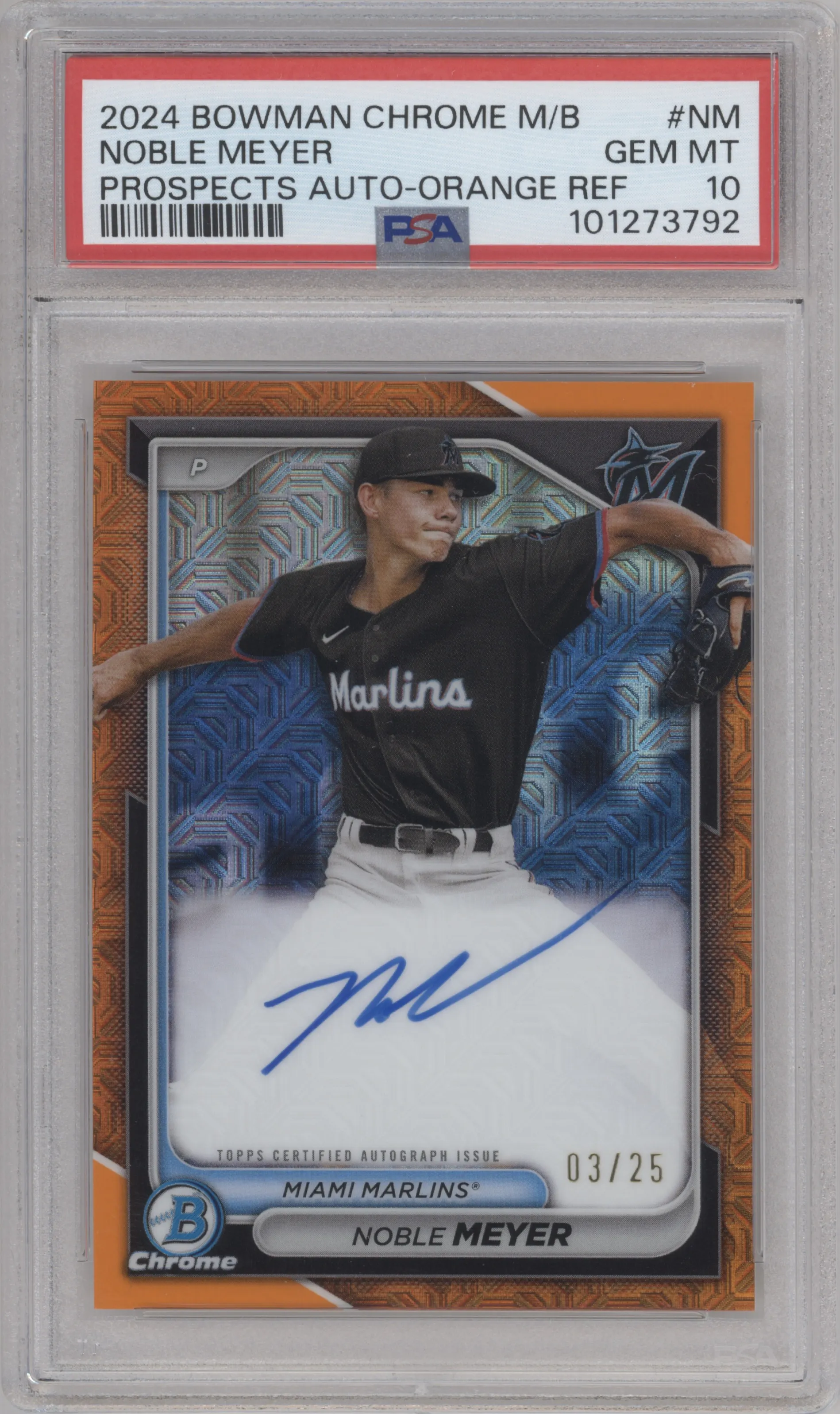 2024 Bowman Chrome Mega Box Chr.Pros.Auto Noble Meyer Orange Refractor PSA 10