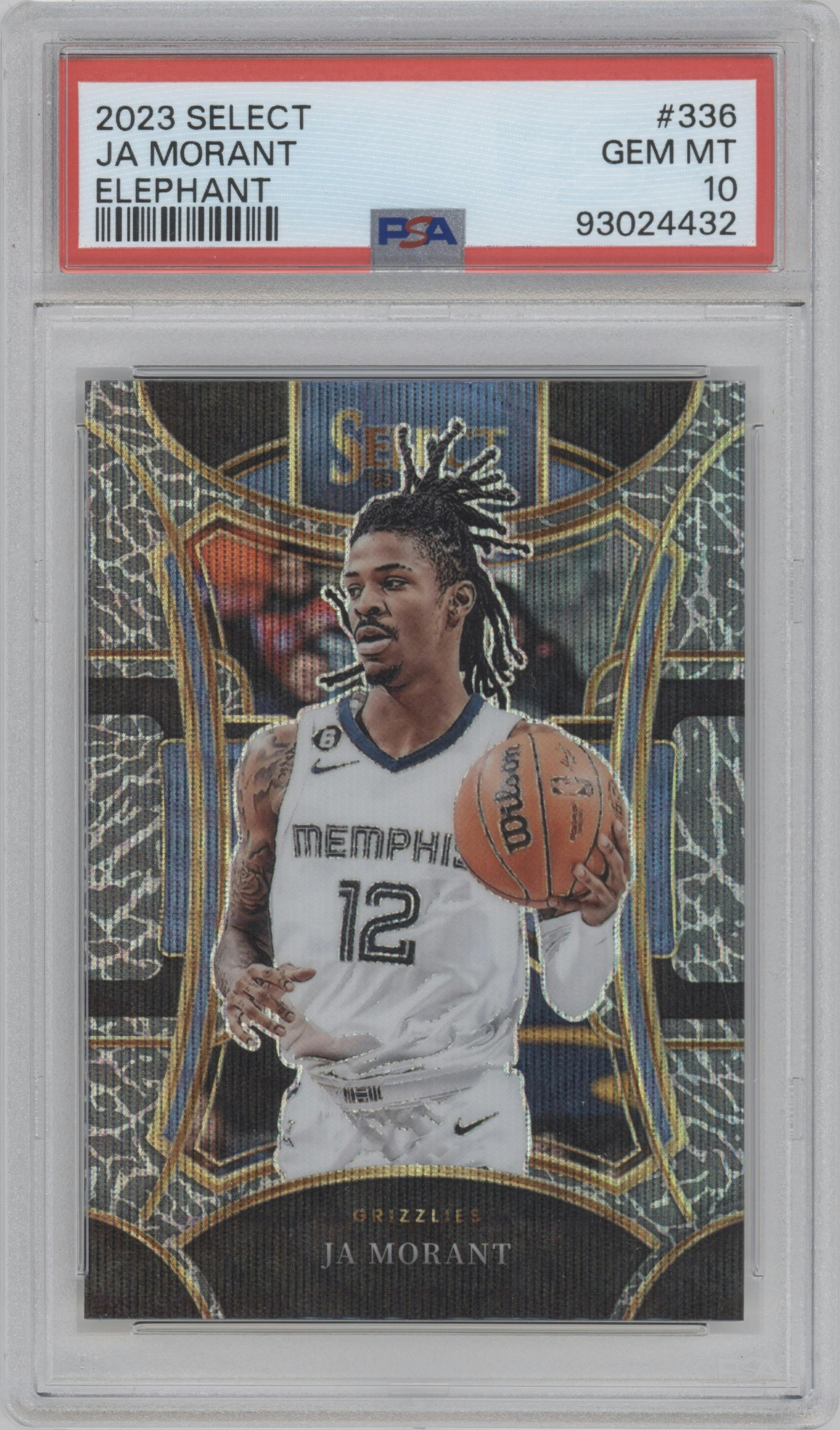 Ja Morant from the 2023-24 Panini Select  set featuring a Elephant Prizm parallel graded by PSA and given an overall grade of 10.