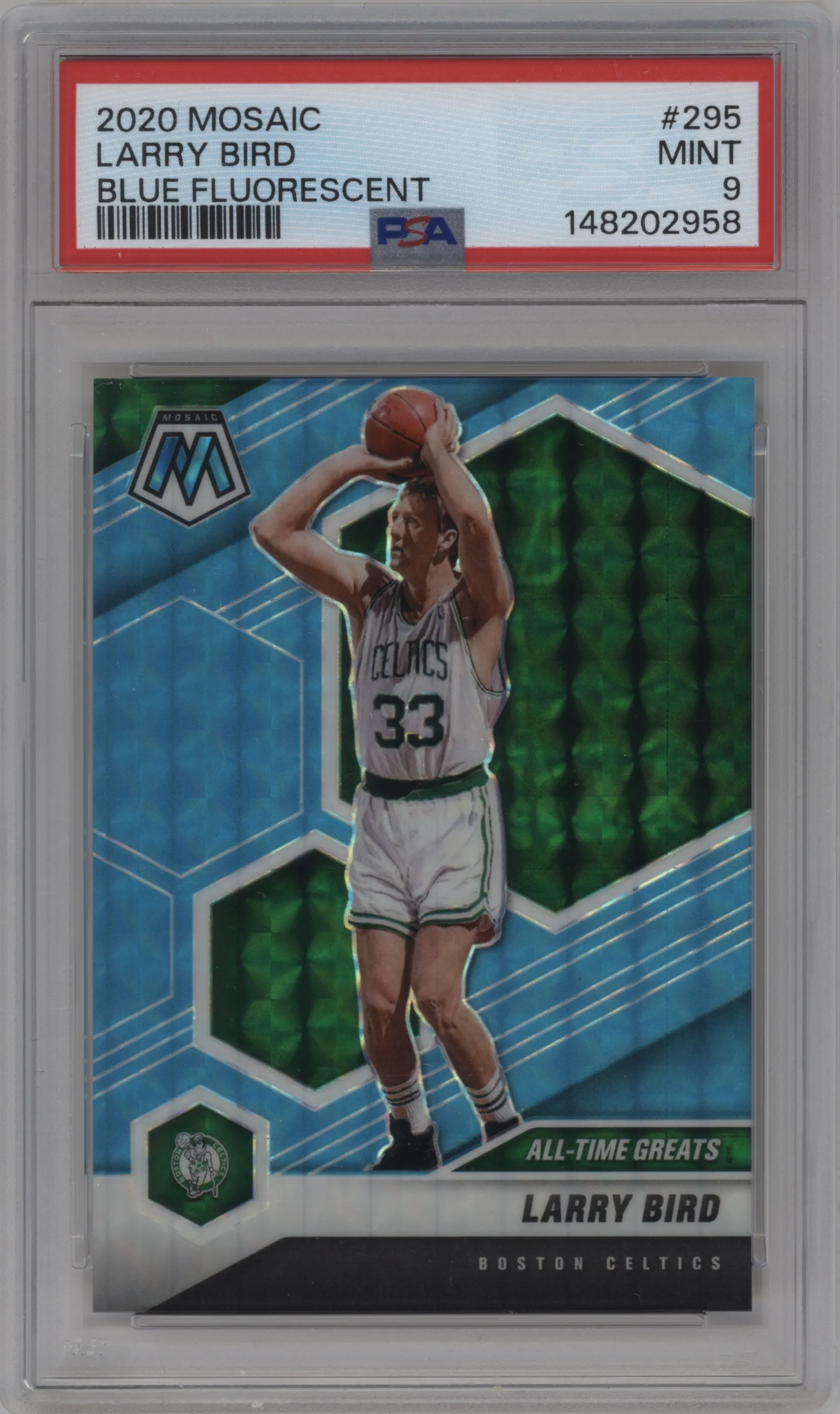 2020 Panini Mosaic Larry Bird Blue Fluorescent #295 PSA 9