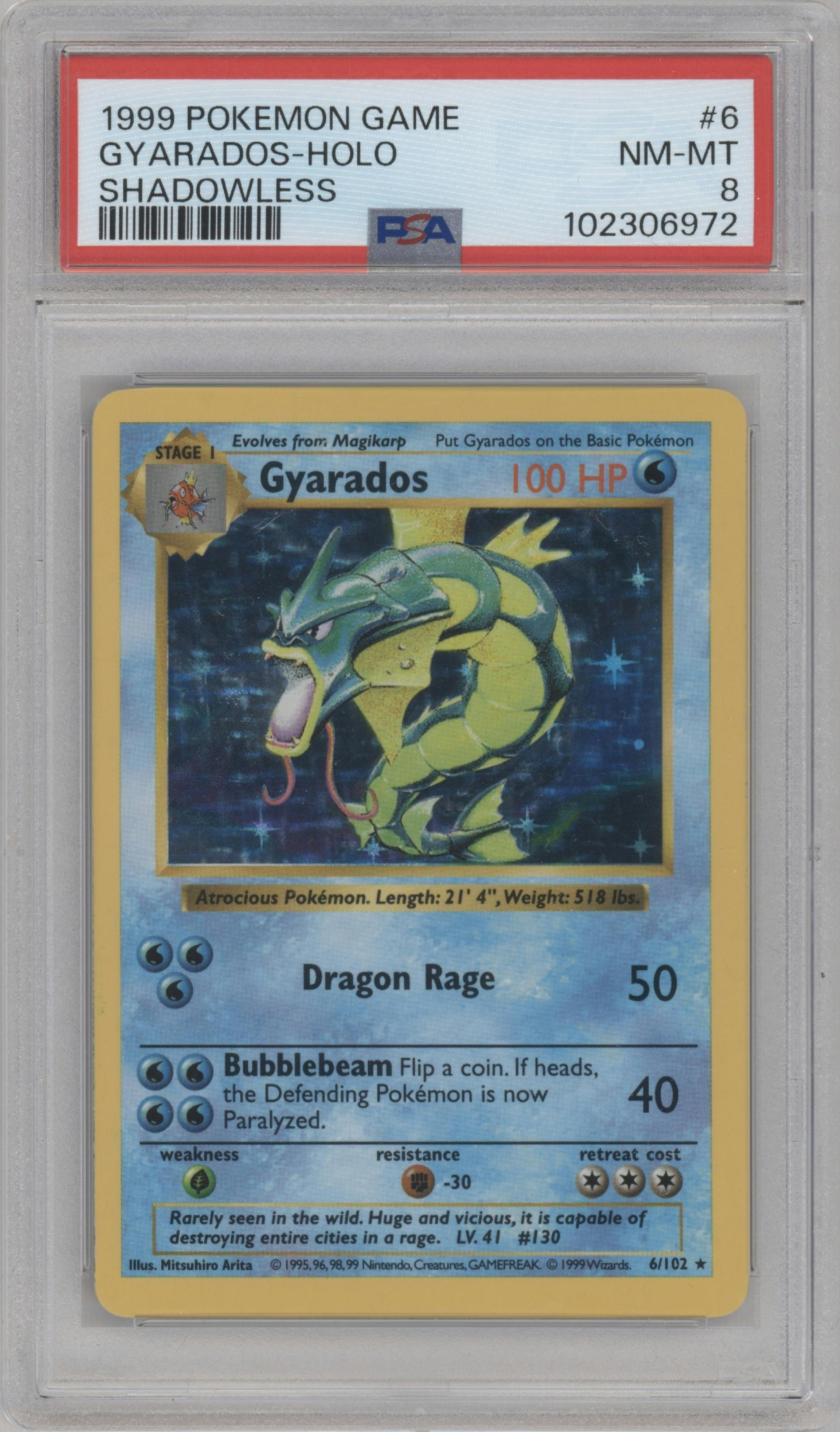 Gyarados from the 1999 Pokemon set graded by PSA and given an overall grade of 8.