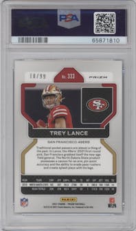 Trey Lance from the 2021 Panini Prizm set featuring a Blue Ice parallel graded by PSA and given an overall grade of 9.