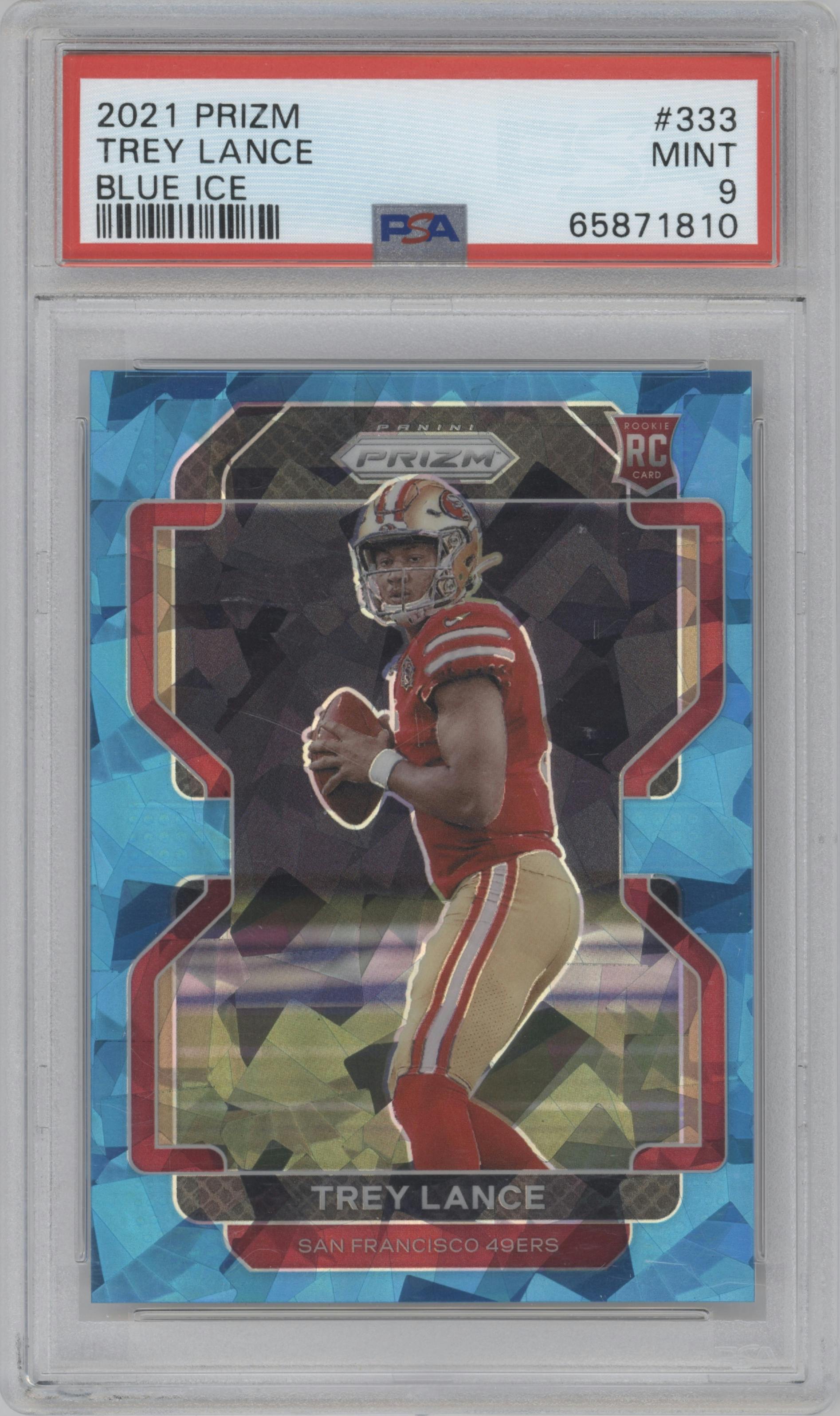 Trey Lance from the 2021 Panini Prizm set featuring a Blue Ice parallel graded by PSA and given an overall grade of 9.