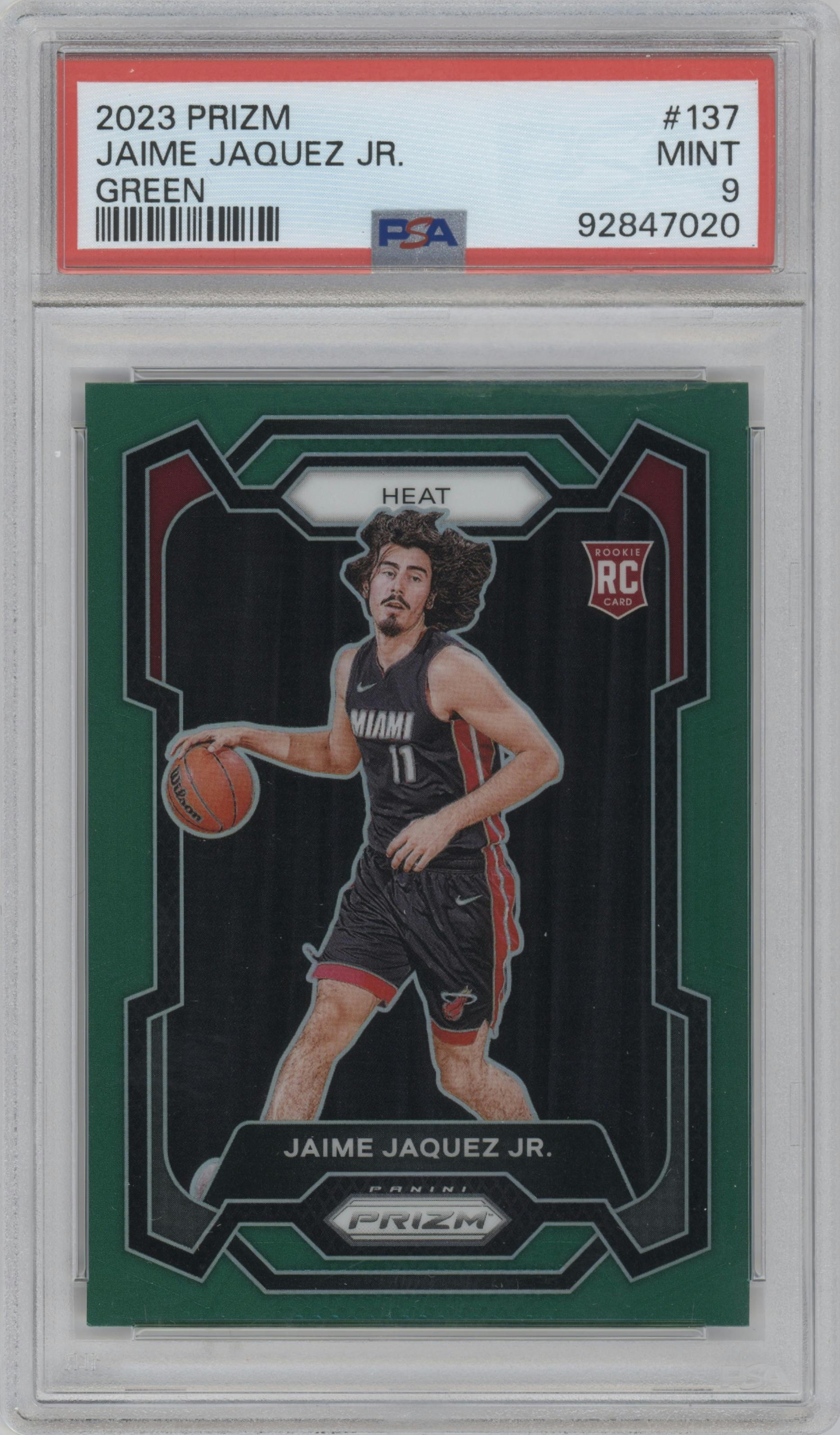 Jaime Jaquez Jr. from the 2023-24 Panini Prizm set featuring a Green Prizm parallel graded by PSA and given an overall grade of 9.