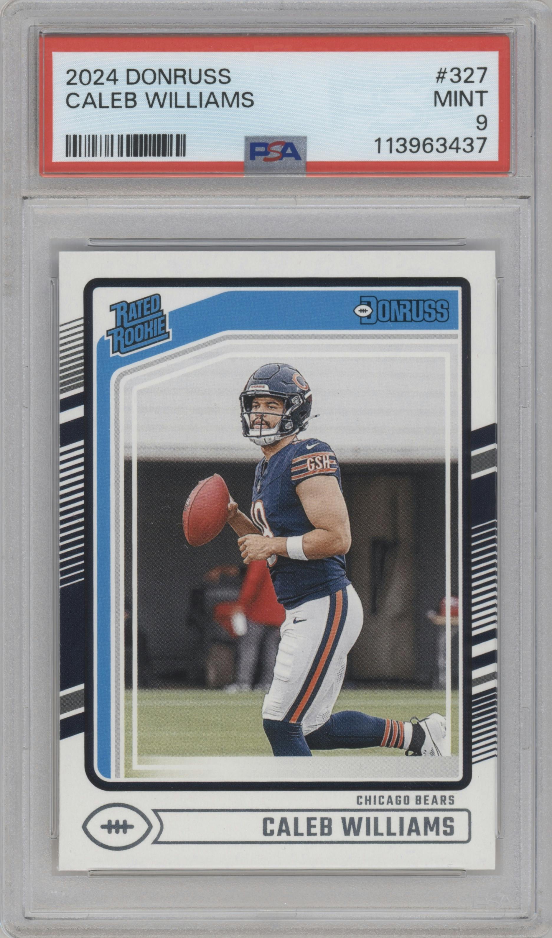 Caleb Williams from the 2024 Donruss set graded by PSA and given an overall grade of 9.