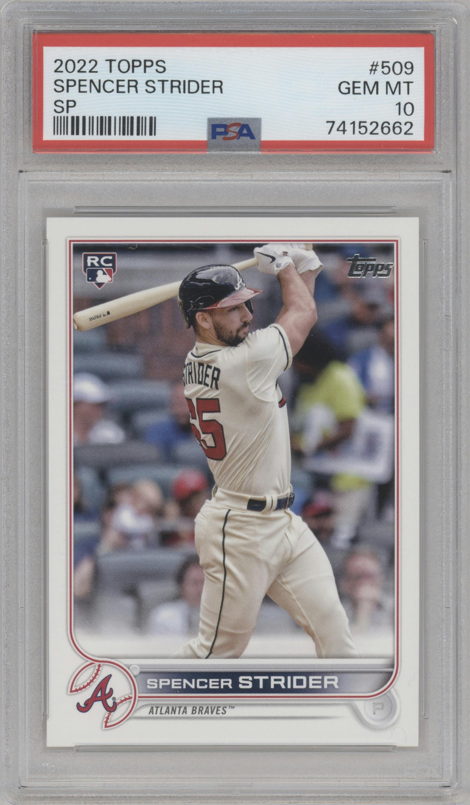 Spencer Strider from the 2022 Topps Series 2 set graded by PSA and given an overall grade of 10.