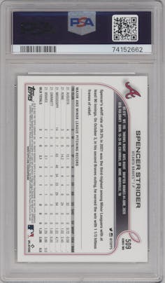 Spencer Strider from the 2022 Topps Series 2 set graded by PSA and given an overall grade of 10.