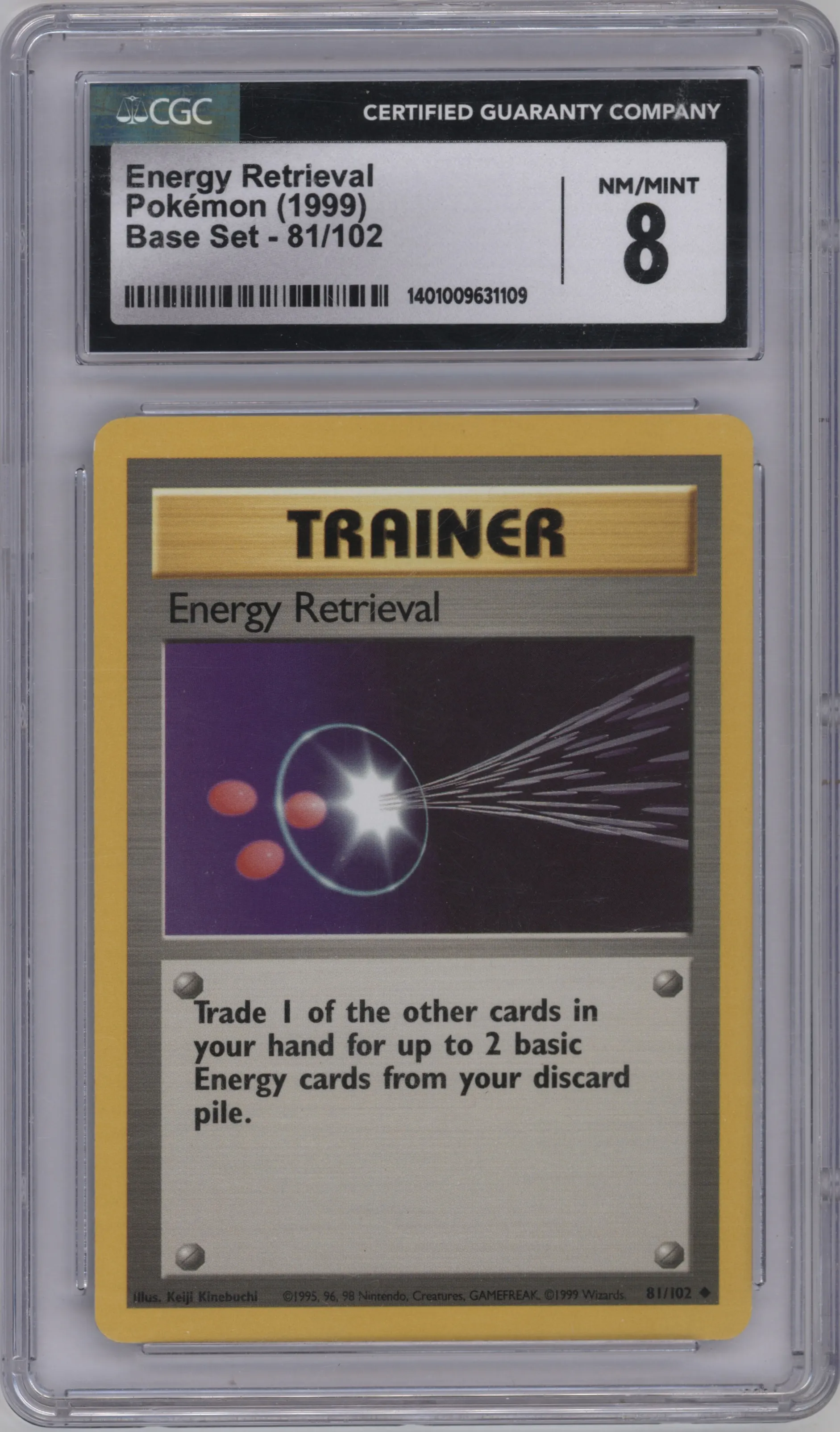 Energy Retrieval from the 1999 Pokemon set graded by CSG and given an overall grade of 8.