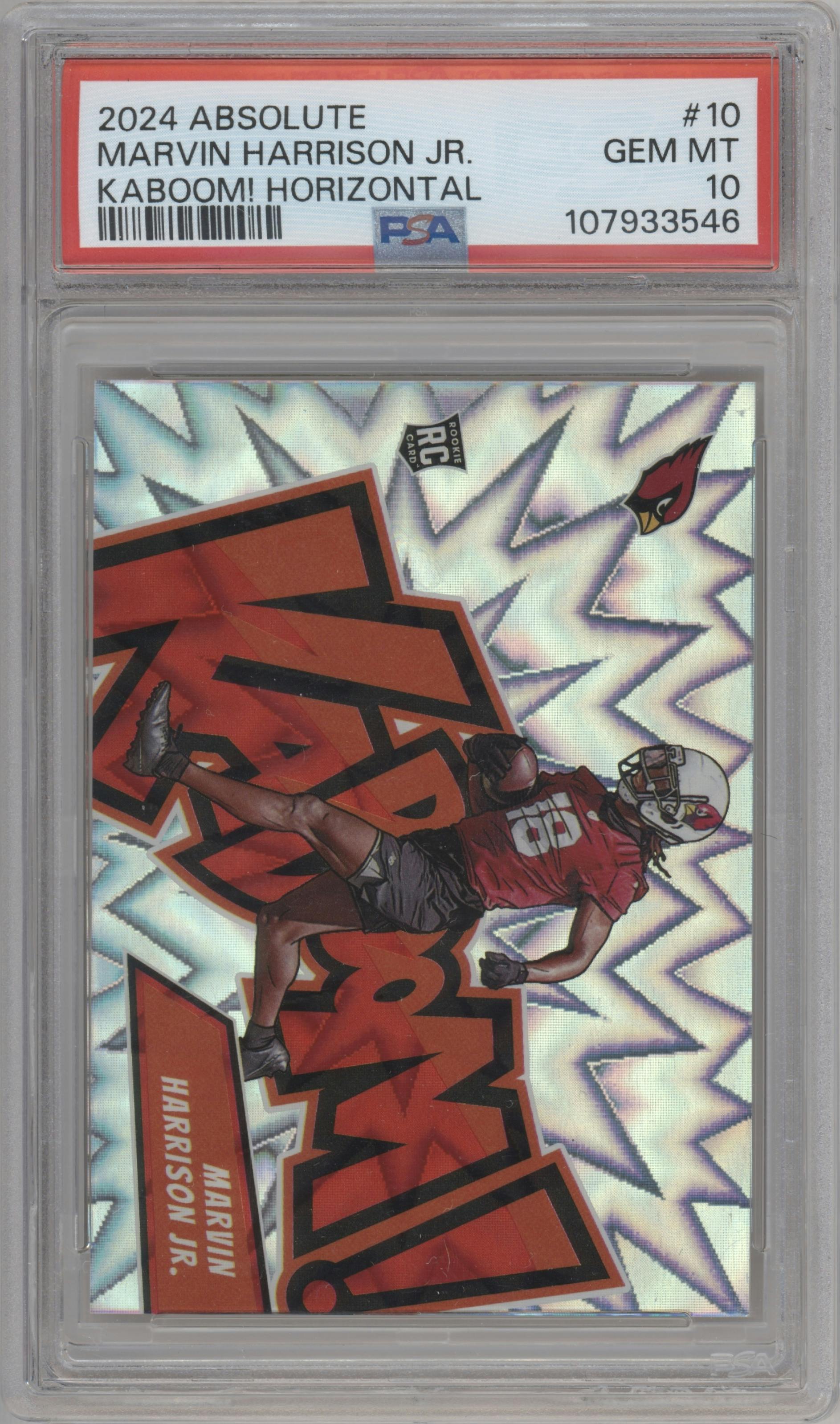 Marvin Harrison Jr. from the 2024 Panini Absolute set graded by PSA and given an overall grade of 10.