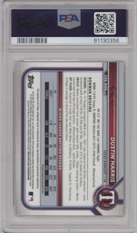 Dustin Harris from the 2022 Bowman set featuring a Gold Refractor  parallel graded by PSA and given an overall grade of 10.