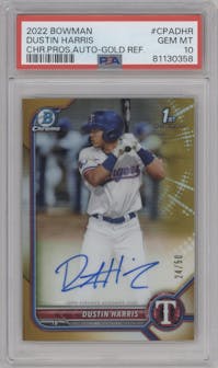 Dustin Harris from the 2022 Bowman set featuring a Gold Refractor  parallel graded by PSA and given an overall grade of 10.