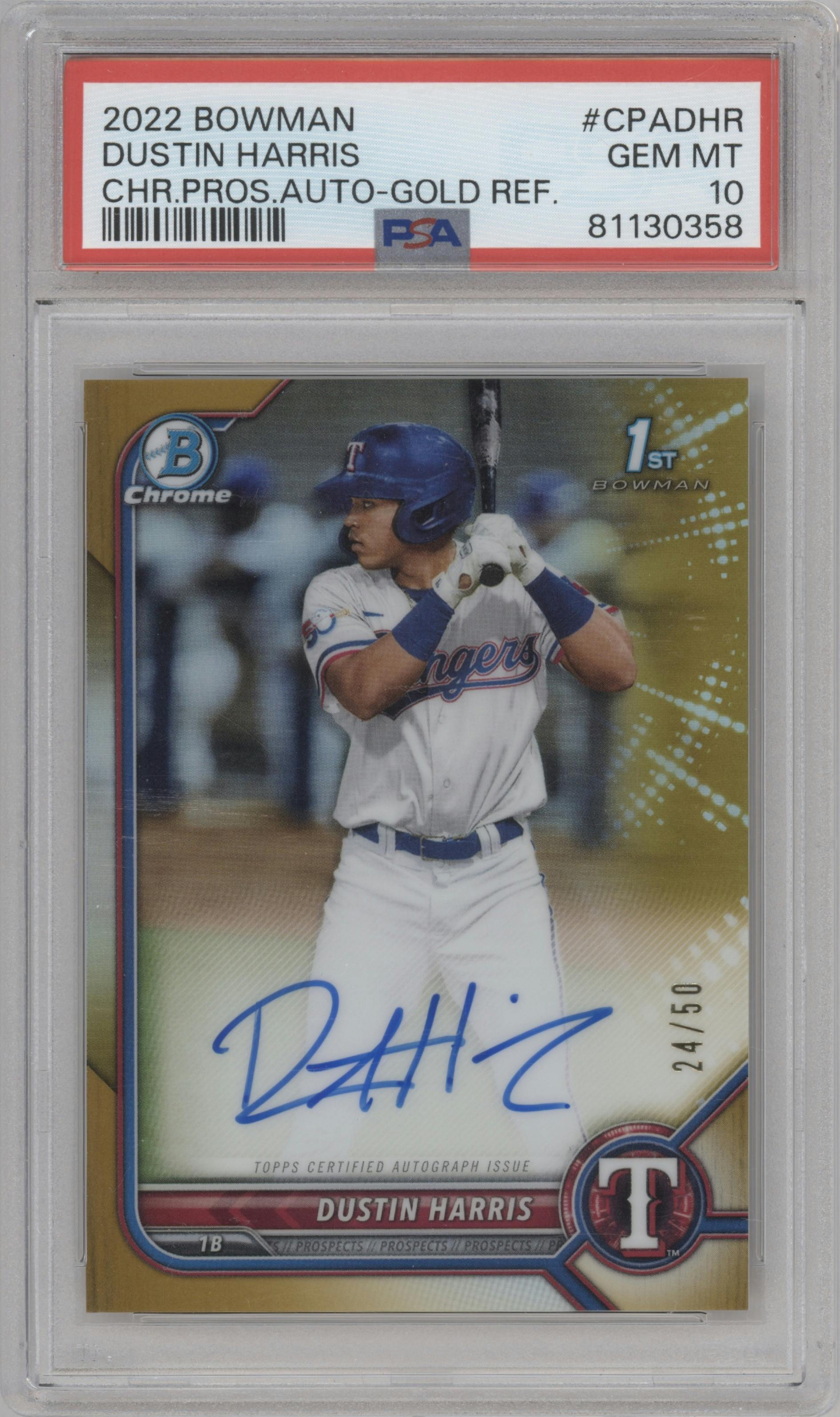 Dustin Harris from the 2022 Bowman set featuring a Gold Refractor  parallel graded by PSA and given an overall grade of 10.