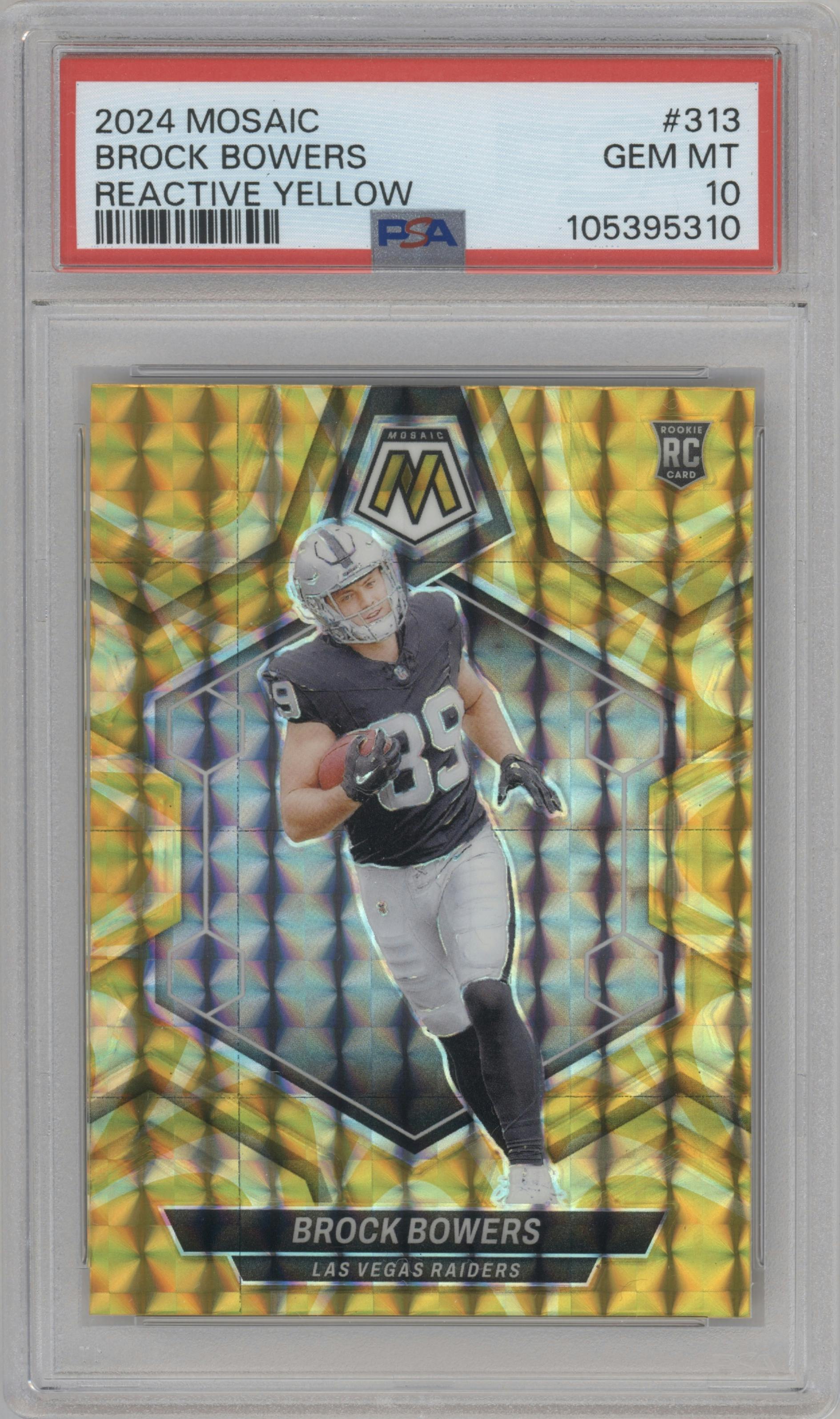 Brock Bowers from the 2024 Panini Mosaic set featuring a Reactive Yellow parallel graded by PSA and given an overall grade of 10.