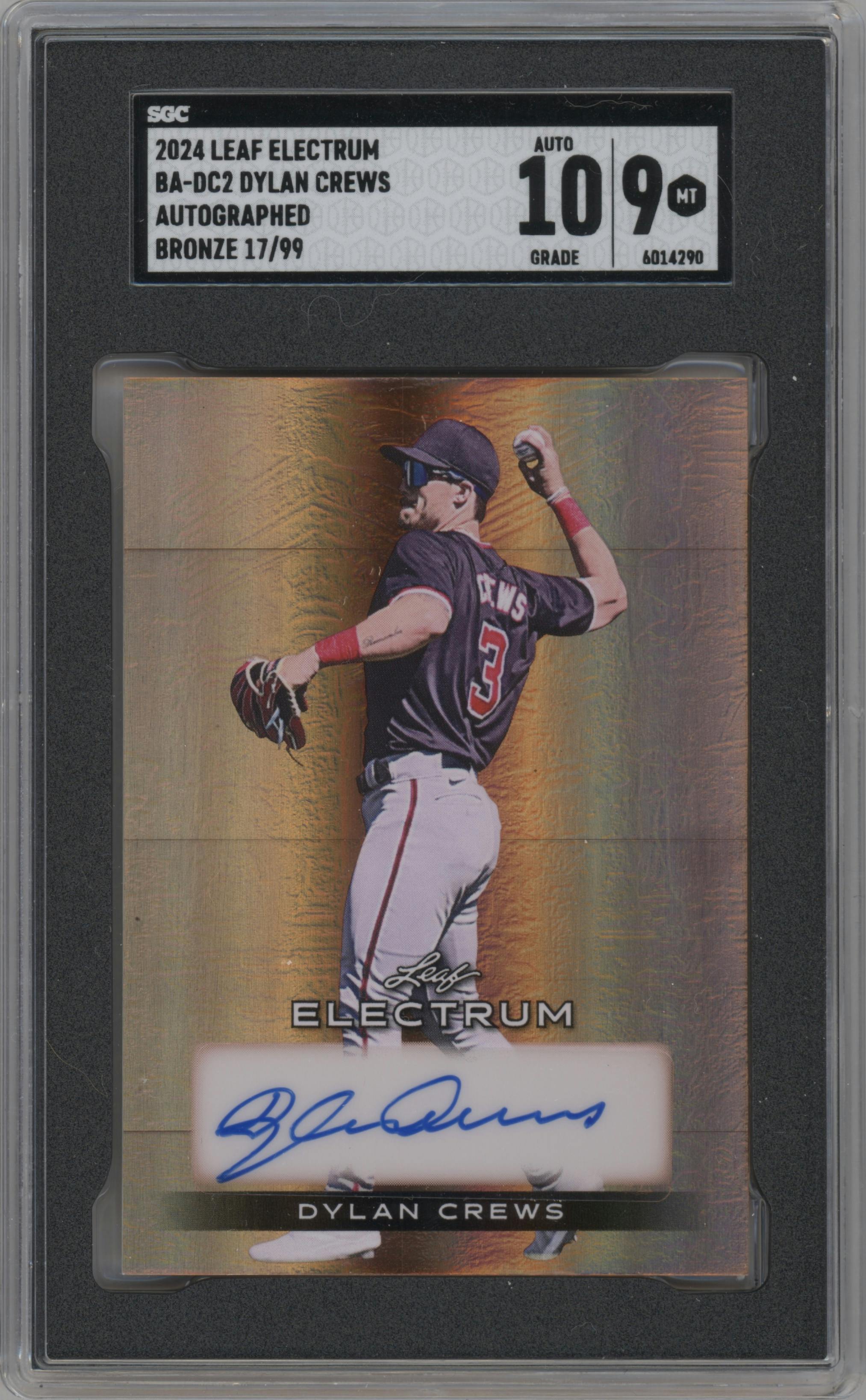 Dylan Crews from the 2024 Leaf Electrum set featuring a Bronze parallel graded by SGC and given an overall grade of 9.