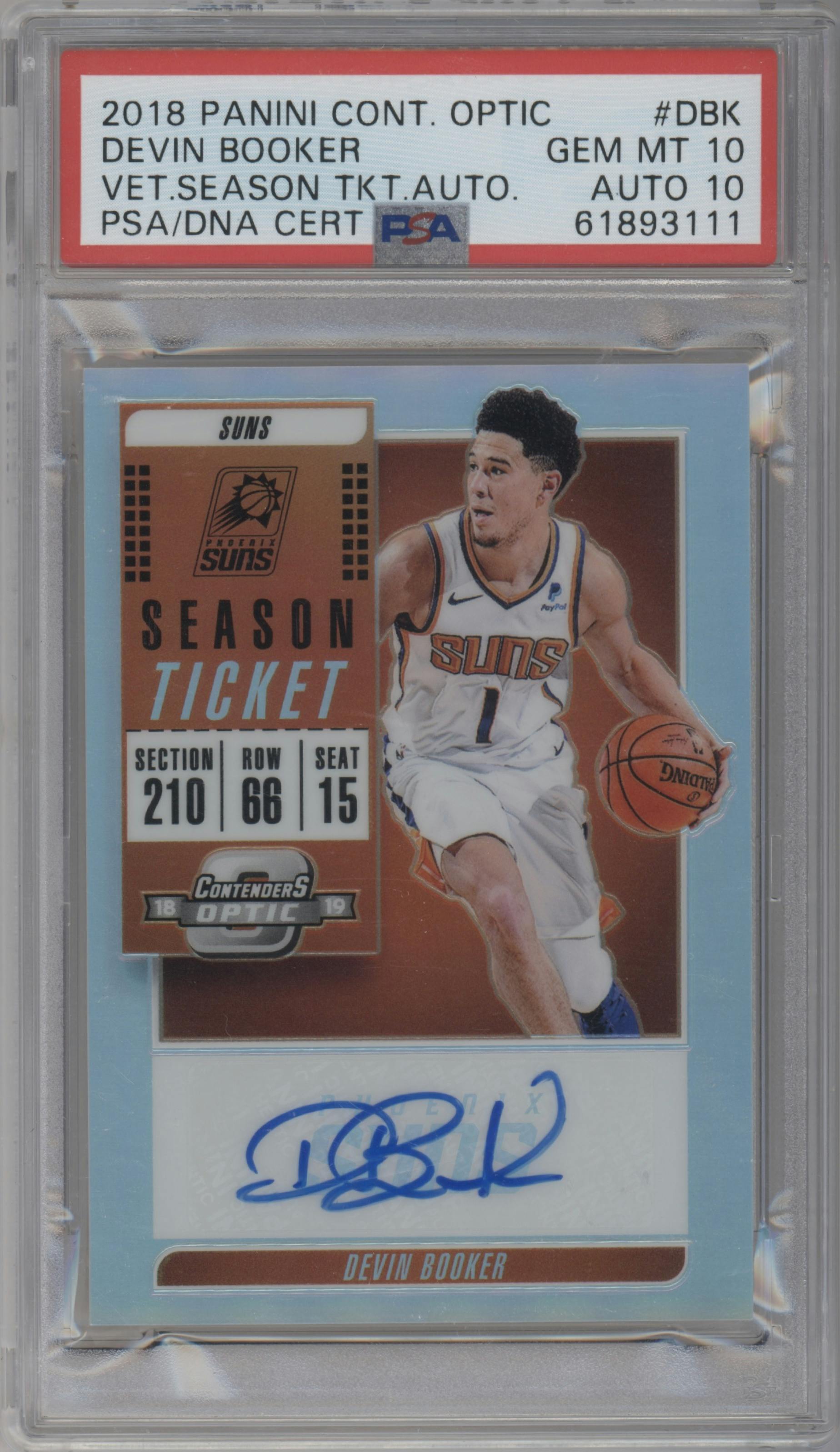 Devin Booker from the 2018-19 Panini Contenders Optic set graded by PSA and given an overall grade of 10.