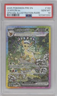Leafeon ex from the 2025 Pokemon SV set graded by PSA and given an overall grade of 10.