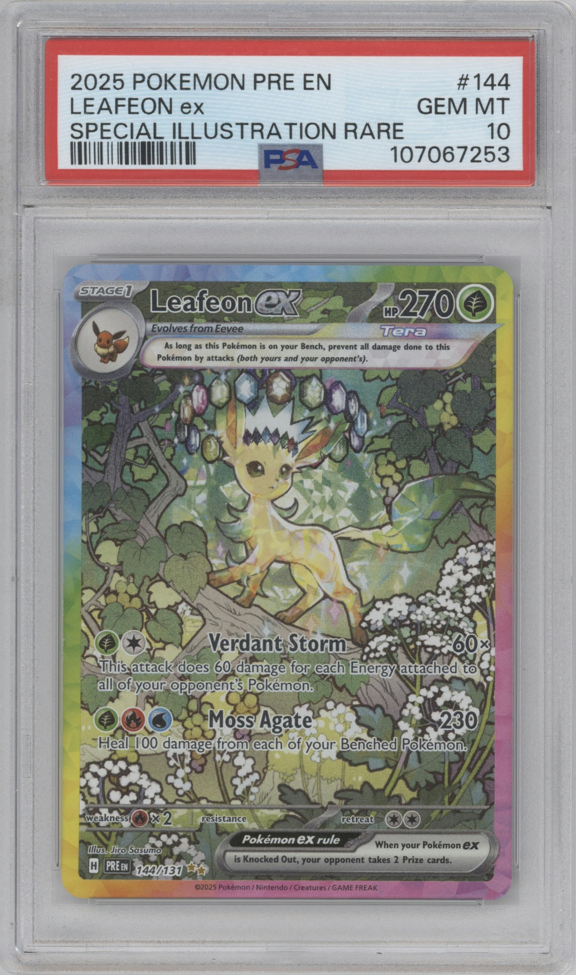 Leafeon ex from the 2025 Pokemon SV set graded by PSA and given an overall grade of 10.