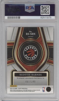 Scottie Barnes from the 2021-22 Panini Select set graded by PSA and given an overall grade of 10.