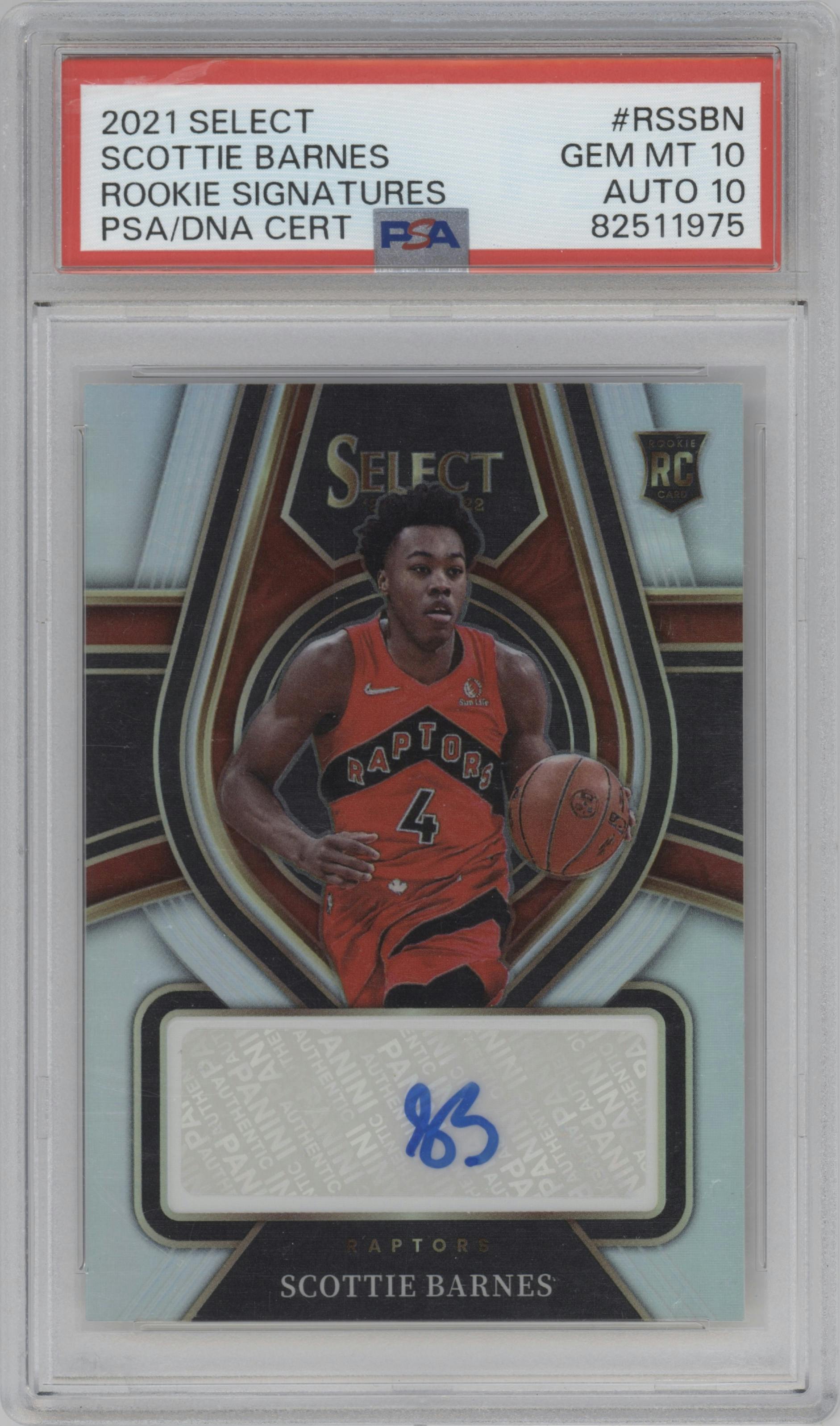 Scottie Barnes from the 2021-22 Panini Select set graded by PSA and given an overall grade of 10.