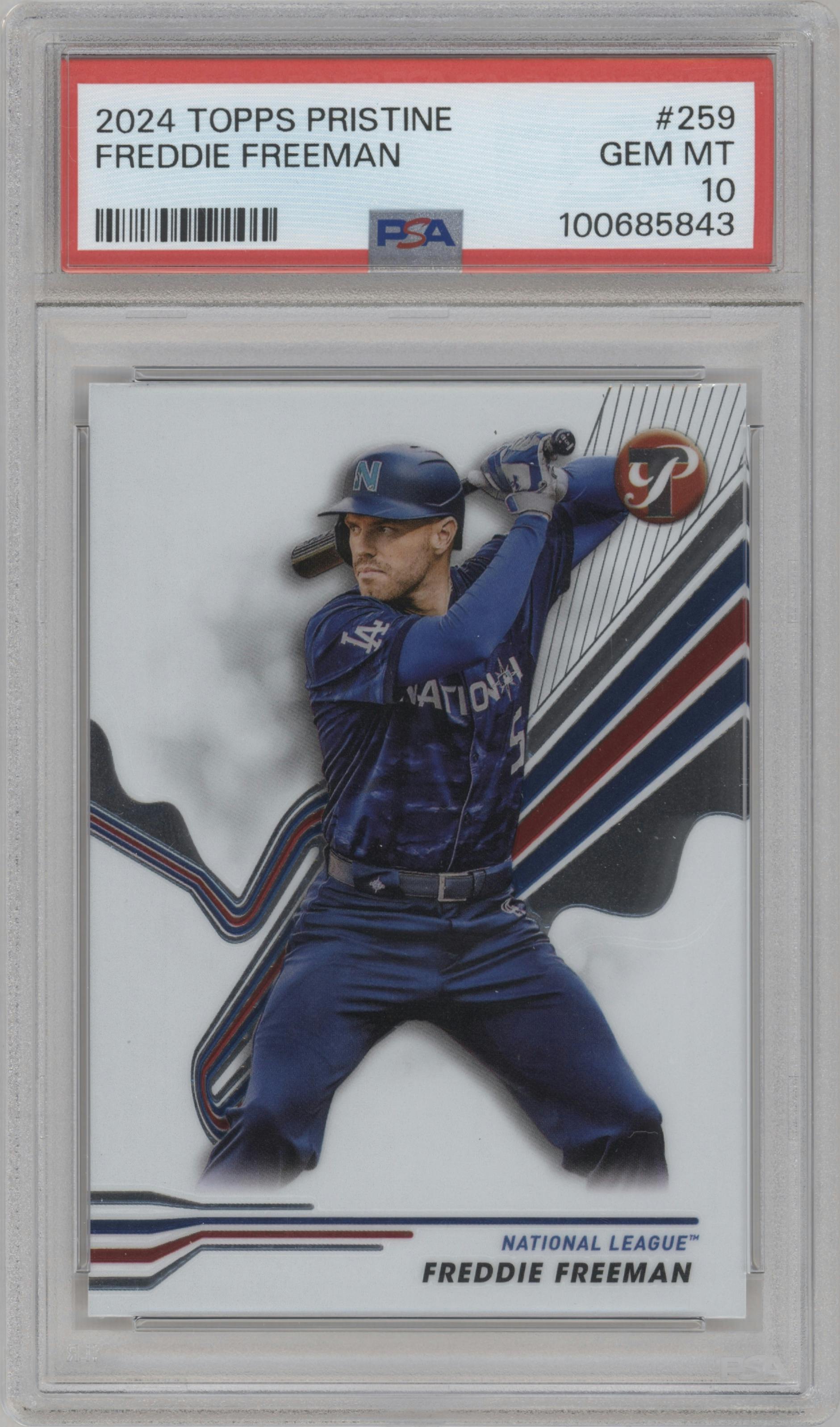 Freddie Freeman from the 2024 Topps Pristine set graded by PSA and given an overall grade of 10.