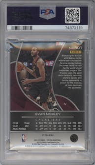 Evan mobley from the 2021-22 Panini Spectra set featuring a Asia Green parallel graded by PSA and given an overall grade of 9.