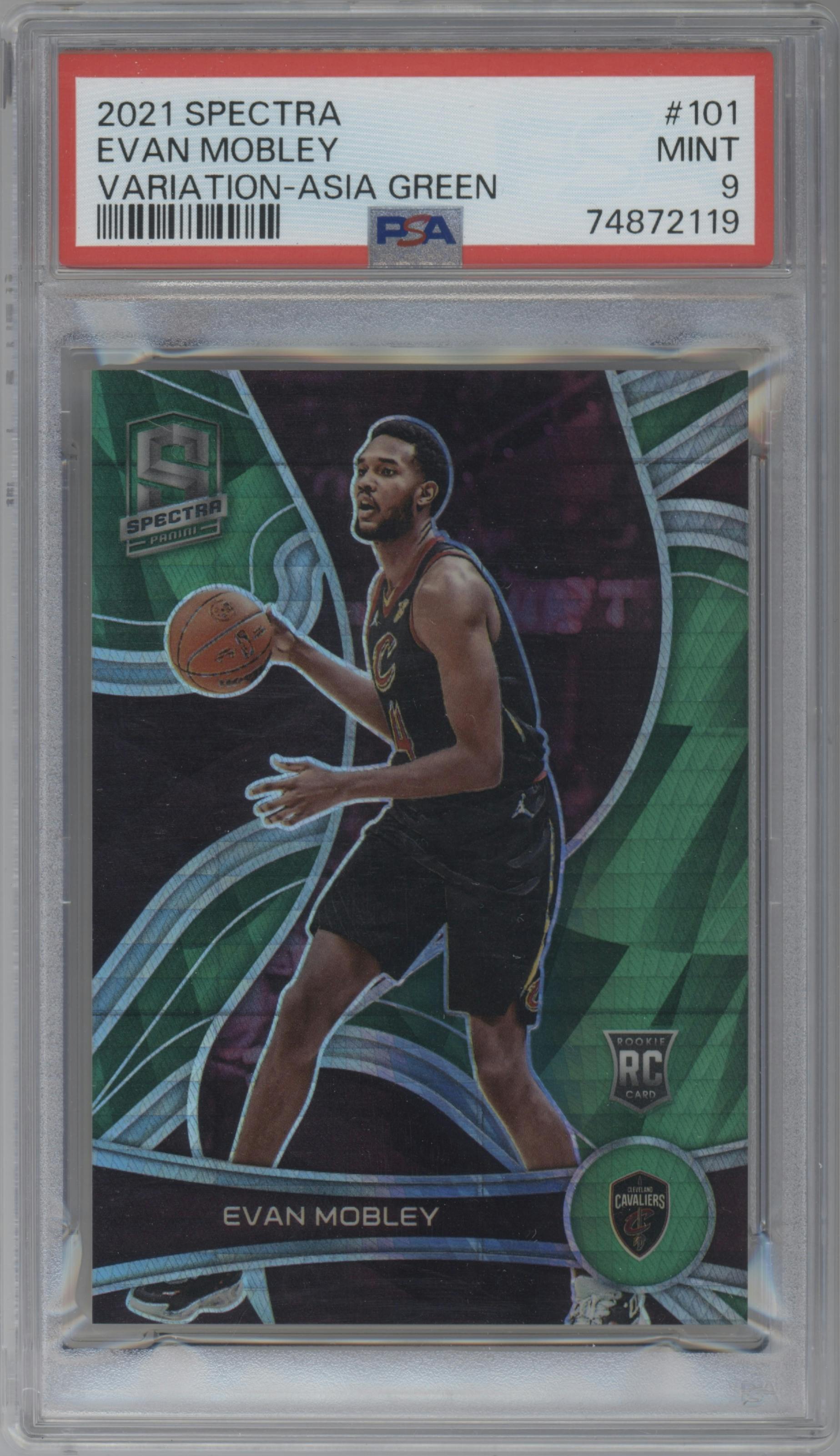 Evan mobley from the 2021-22 Panini Spectra set featuring a Asia Green parallel graded by PSA and given an overall grade of 9.