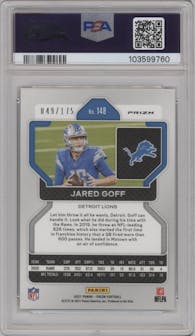 Jared Goff from the 2021 Panini Prizm set featuring a Hyper parallel graded by PSA and given an overall grade of 9.