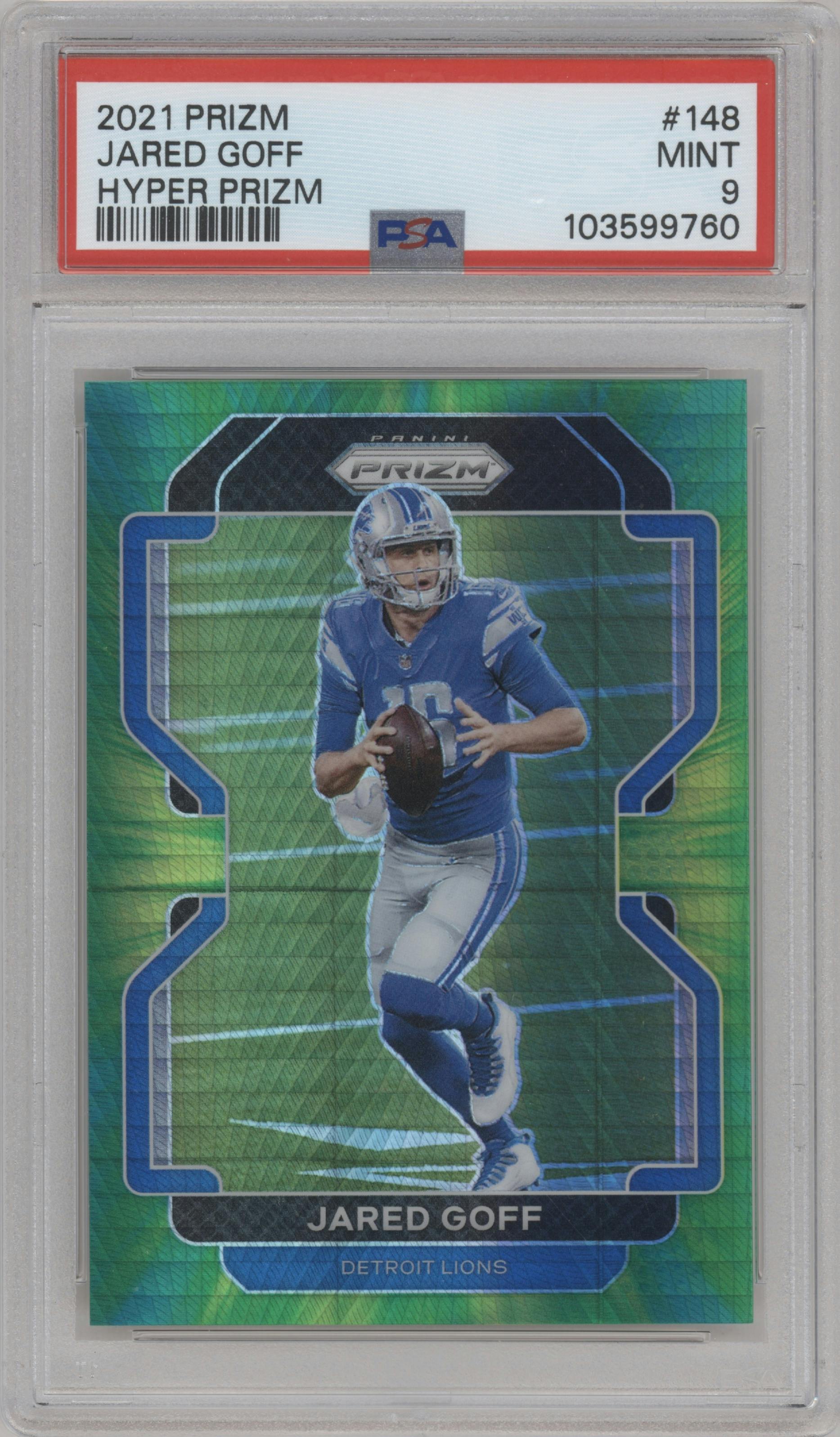 Jared Goff from the 2021 Panini Prizm set featuring a Hyper parallel graded by PSA and given an overall grade of 9.