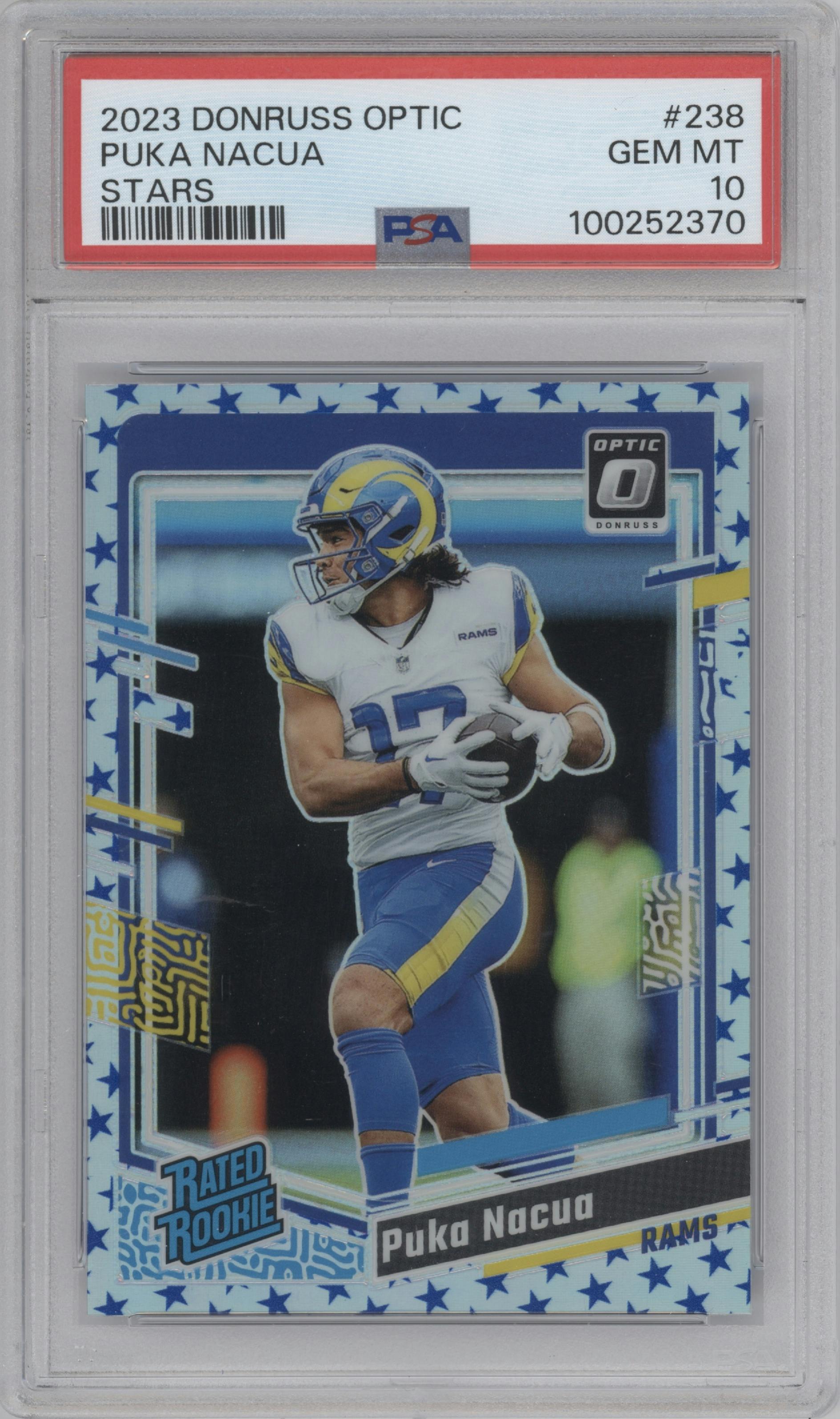 Puka Nacua from the 2023 Donruss Optic set featuring a Stars parallel graded by PSA and given an overall grade of 10.