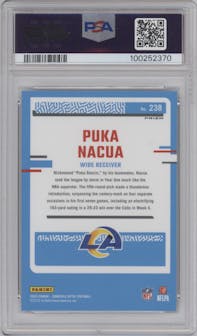 Puka Nacua from the 2023 Donruss Optic set featuring a Stars parallel graded by PSA and given an overall grade of 10.
