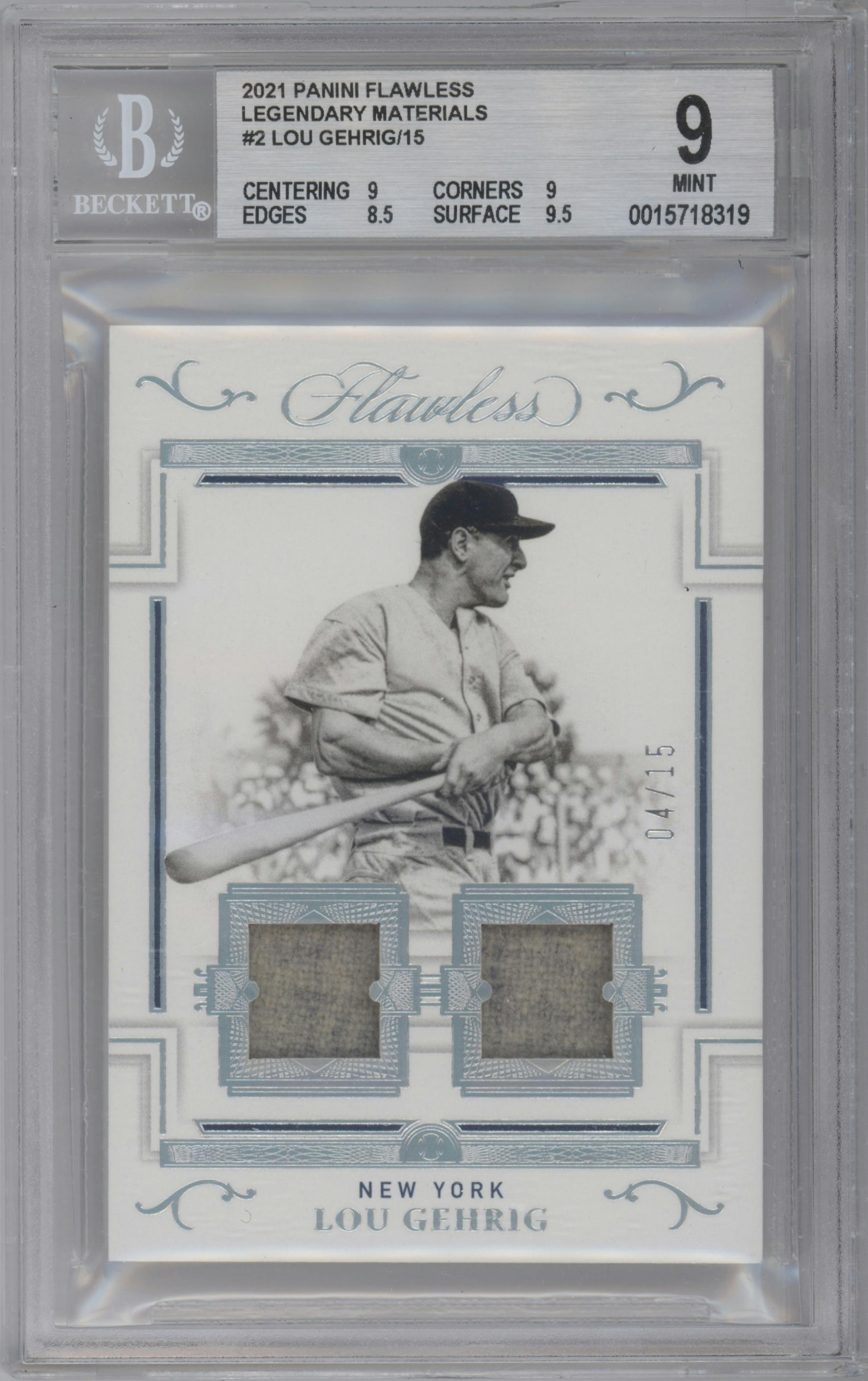 Lou Gehrig from the 2021 Panini Flawless set graded by Beckett and given an overall grade of 9.