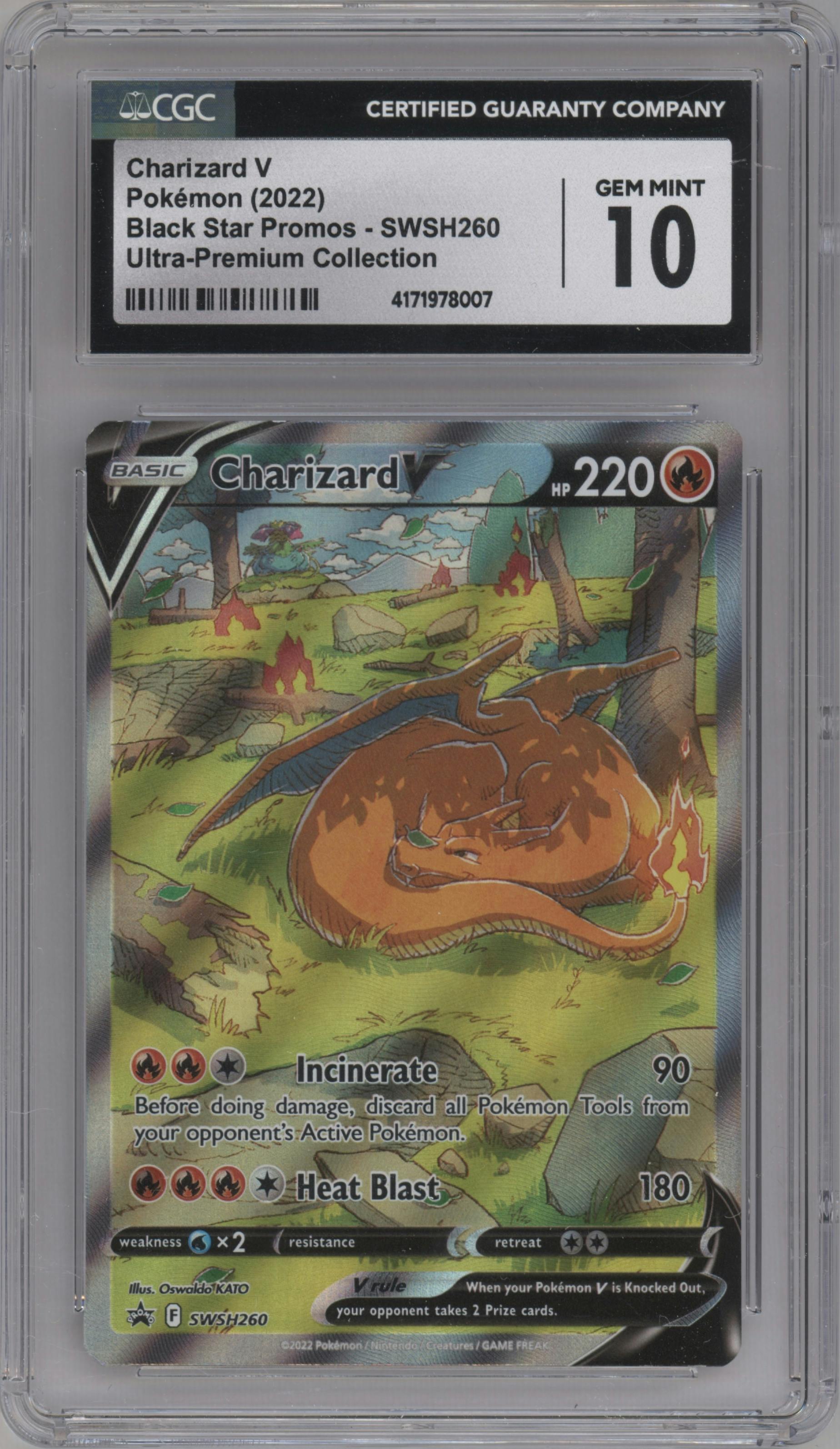 Charizard V from the 2022 Pokemon SWSH set featuring a Ultra Premium Collection parallel graded by CSG and given an overall grade of 10.