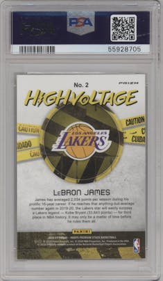 LeBron James from the 2019-20 Panini Hoops Premium Stock set featuring a Shimmer parallel graded by PSA and given an overall grade of 10.