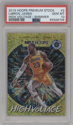 LeBron James from the 2019-20 Panini Hoops Premium Stock set featuring a Shimmer parallel graded by PSA and given an overall grade of 10.