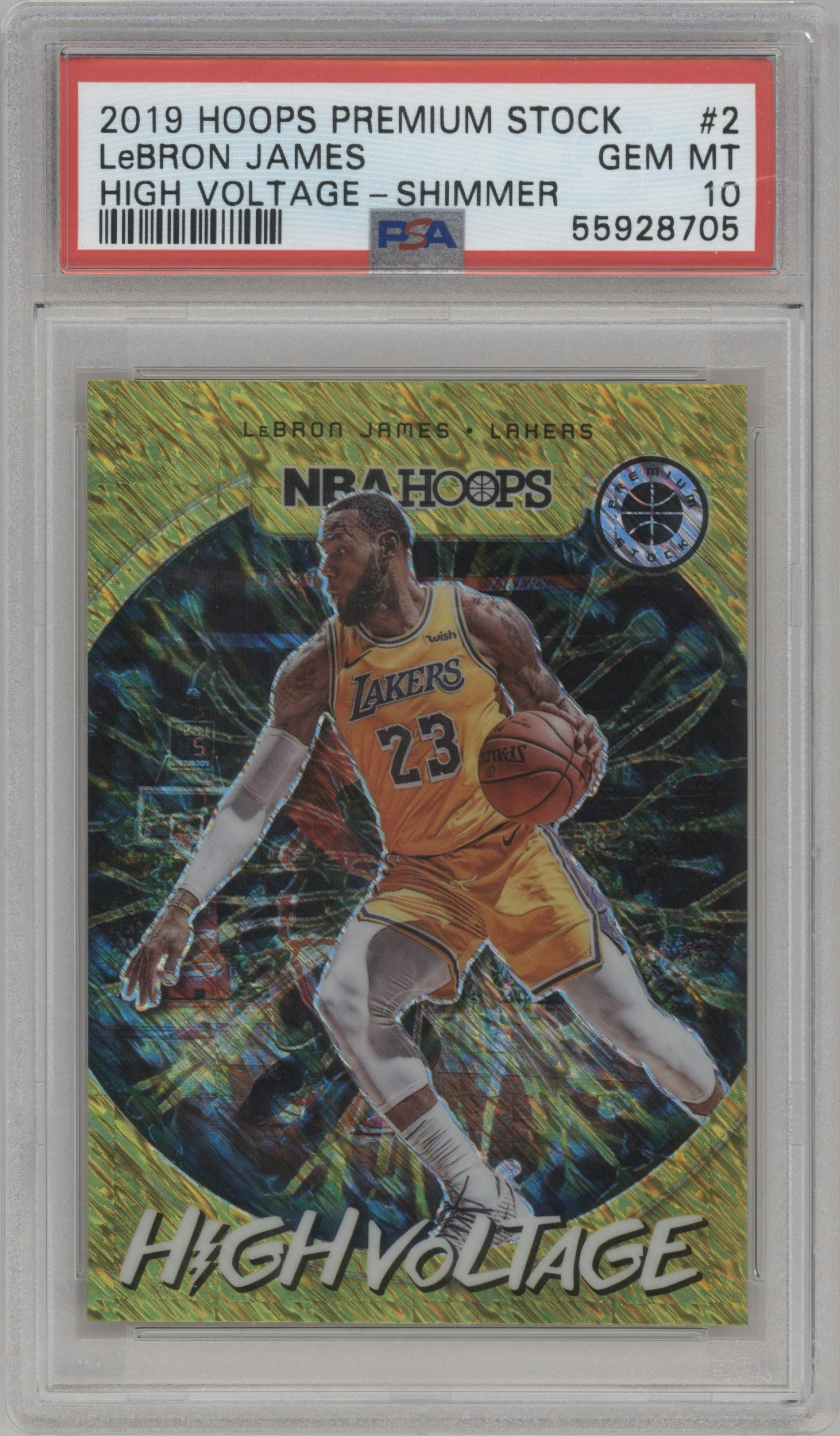LeBron James from the 2019-20 Panini Hoops Premium Stock set featuring a Shimmer parallel graded by PSA and given an overall grade of 10.