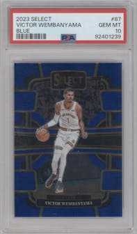 Victor Wembanyama from the 2023-24 Panini Select  set featuring a Blue Retail parallel graded by PSA and given an overall grade of 10.