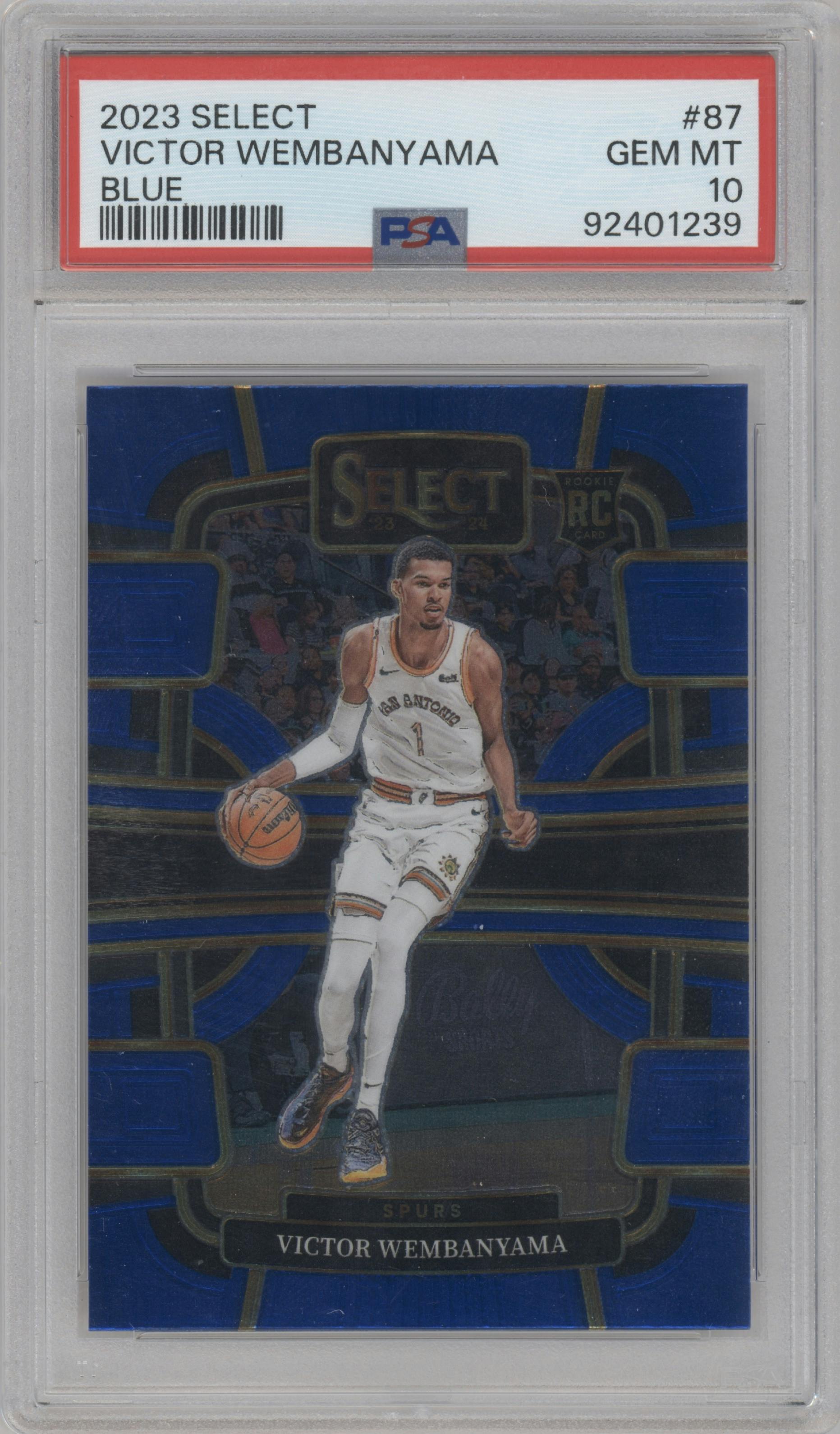 Victor Wembanyama from the 2023-24 Panini Select  set featuring a Blue Retail parallel graded by PSA and given an overall grade of 10.