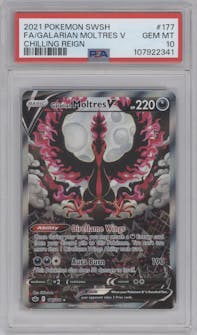 Galarian Moltres V from the 2021 Pokemon SWSH set graded by PSA and given an overall grade of 10.