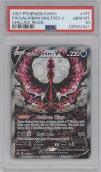 Galarian Moltres V from the 2021 Pokemon SWSH set graded by PSA and given an overall grade of 10.