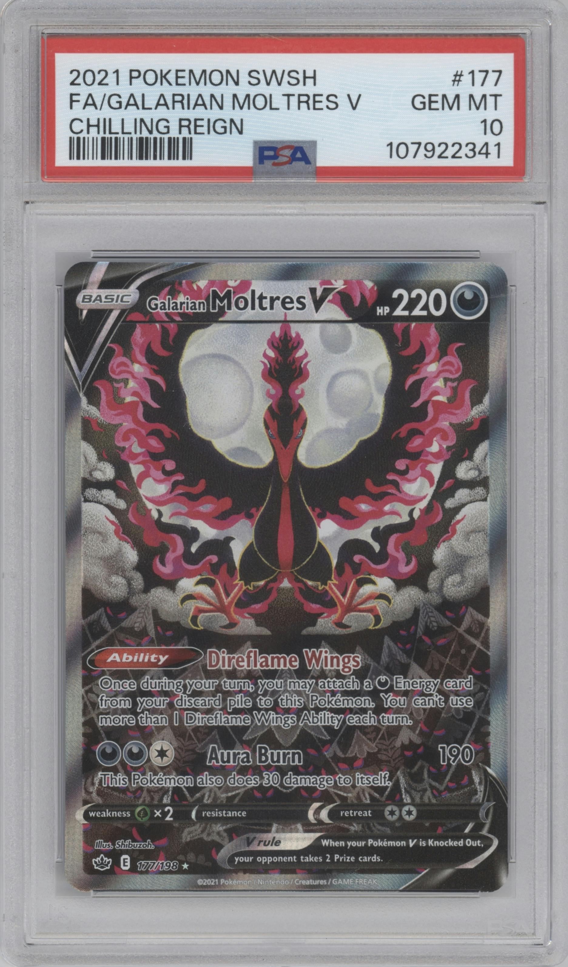 Galarian Moltres V from the 2021 Pokemon SWSH set graded by PSA and given an overall grade of 10.