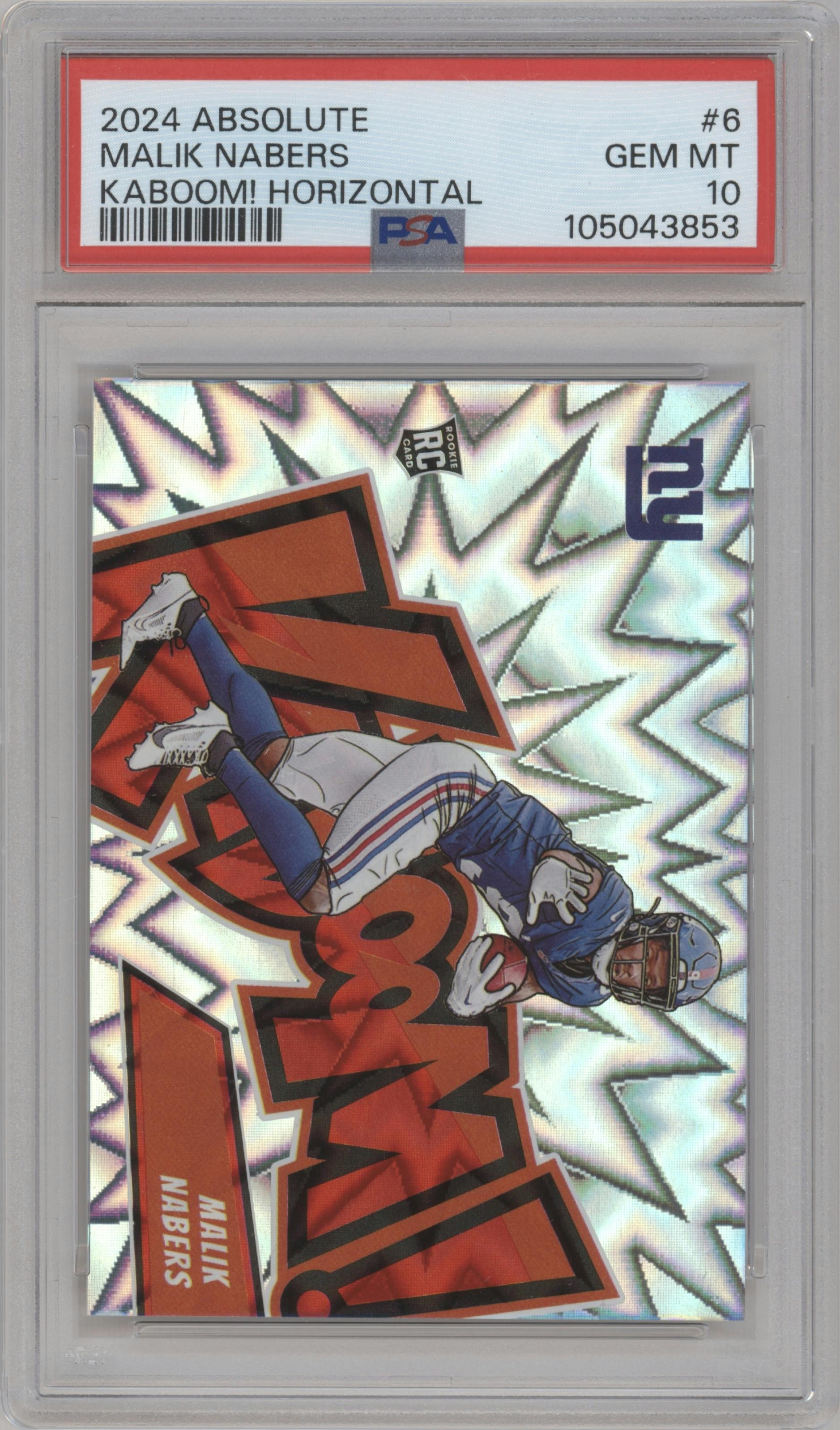 Malik Nabers from the 2024 Panini Absolute set graded by PSA and given an overall grade of 10.