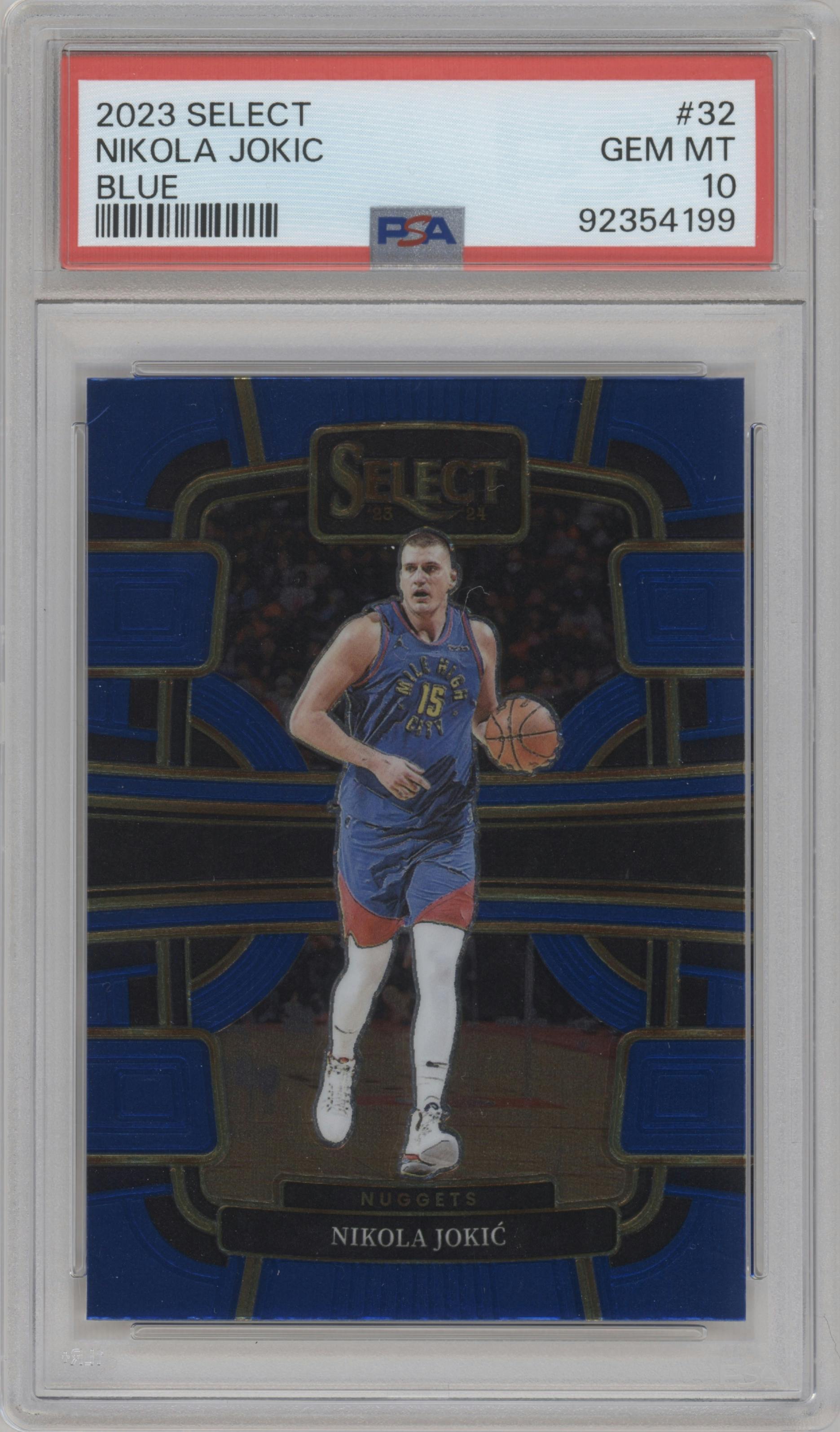 Nikola Jokic from the 2023-24 Panini Select  set featuring a Blue Retail parallel graded by PSA and given an overall grade of 10.