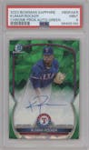 Kumar Rocker from the 2023 Bowman Sapphire Edition set featuring a Green parallel graded by PSA and given an overall grade of 9.