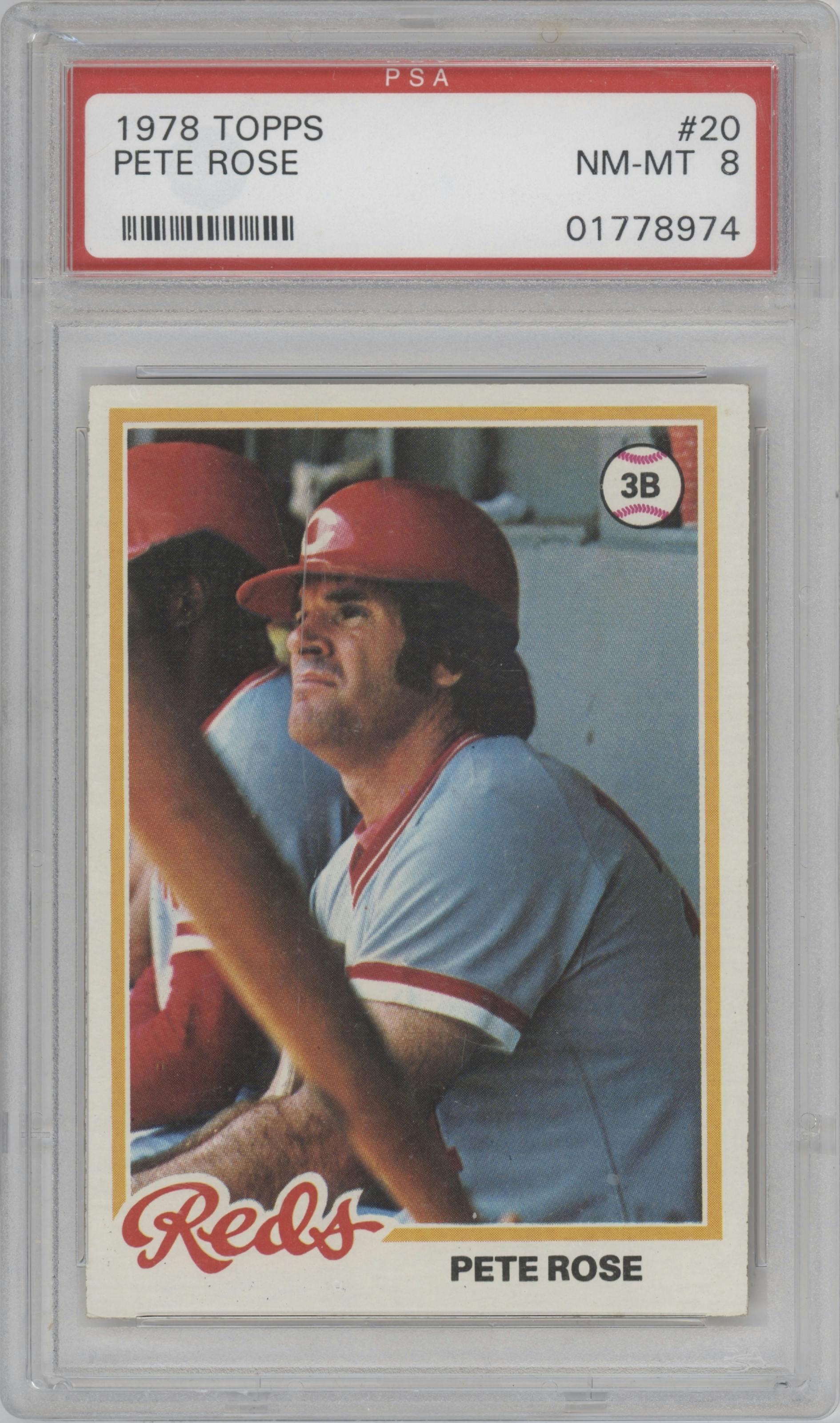 Pete Rose from the 1978 Topps set graded by PSA and given an overall grade of 8.