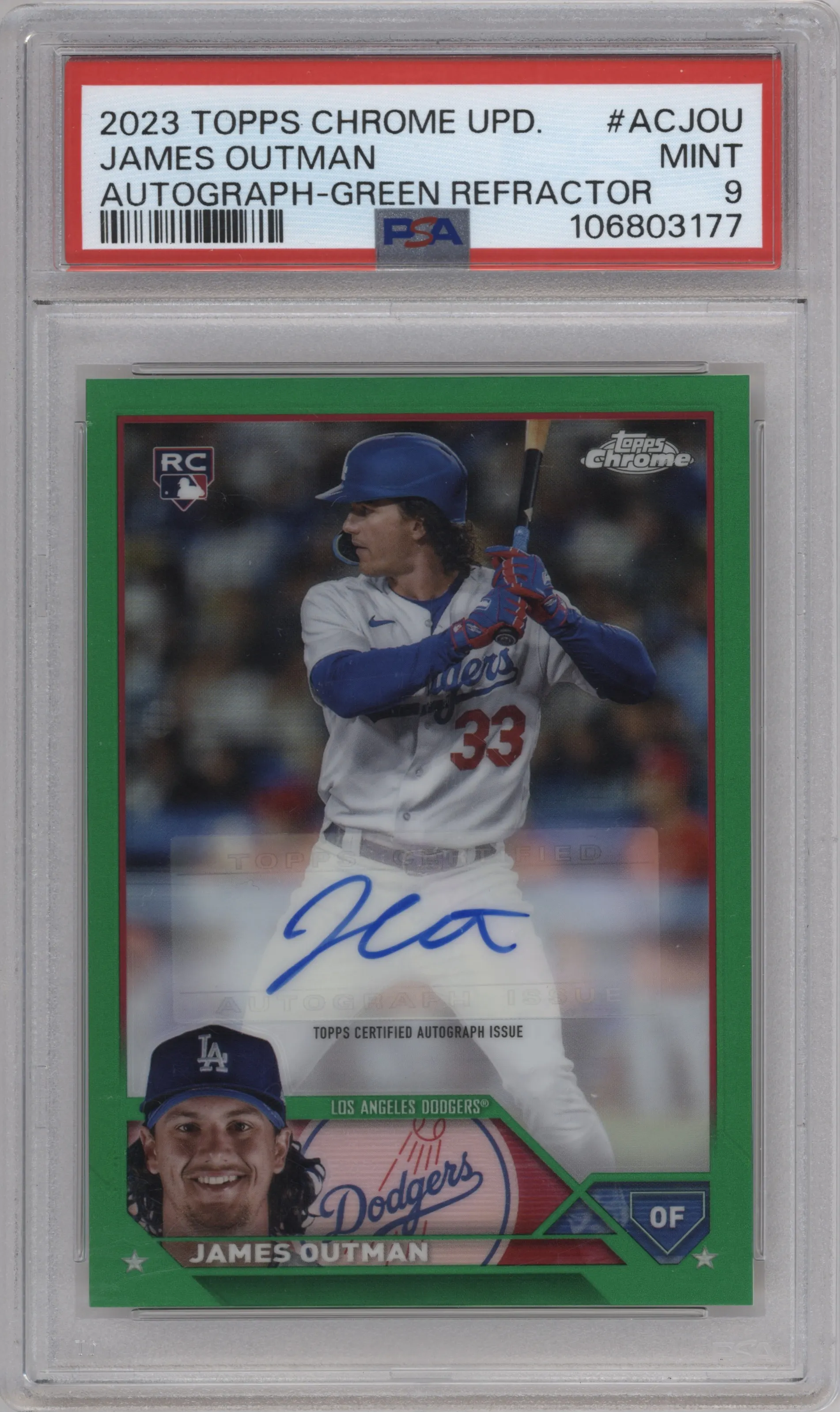 2023 Topps Chrome Update Auto James Outman Green Refractor PSA 9