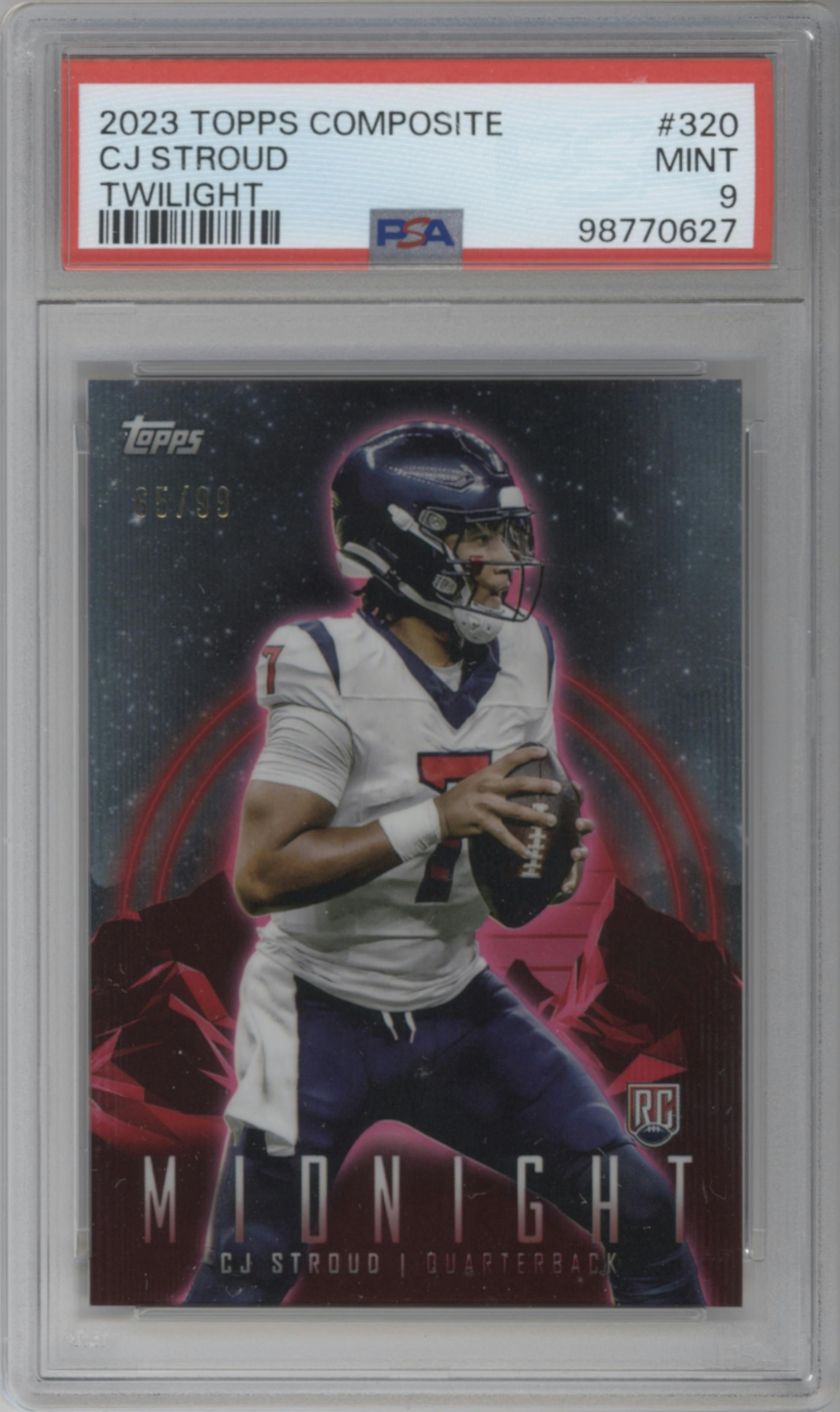 CJ Stroud from the 2023 Topps Composite set featuring a Twilight parallel graded by PSA and given an overall grade of 9.