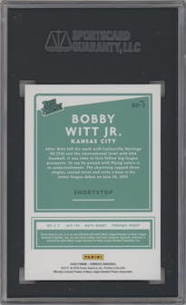 Bobby Witt Jr. from the 2020 Panini Donruss set featuring a Pink Fireworks parallel graded by SGC and given an overall grade of 10.
