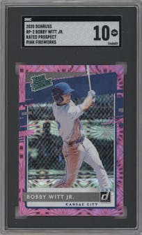Bobby Witt Jr. from the 2020 Panini Donruss set featuring a Pink Fireworks parallel graded by SGC and given an overall grade of 10.