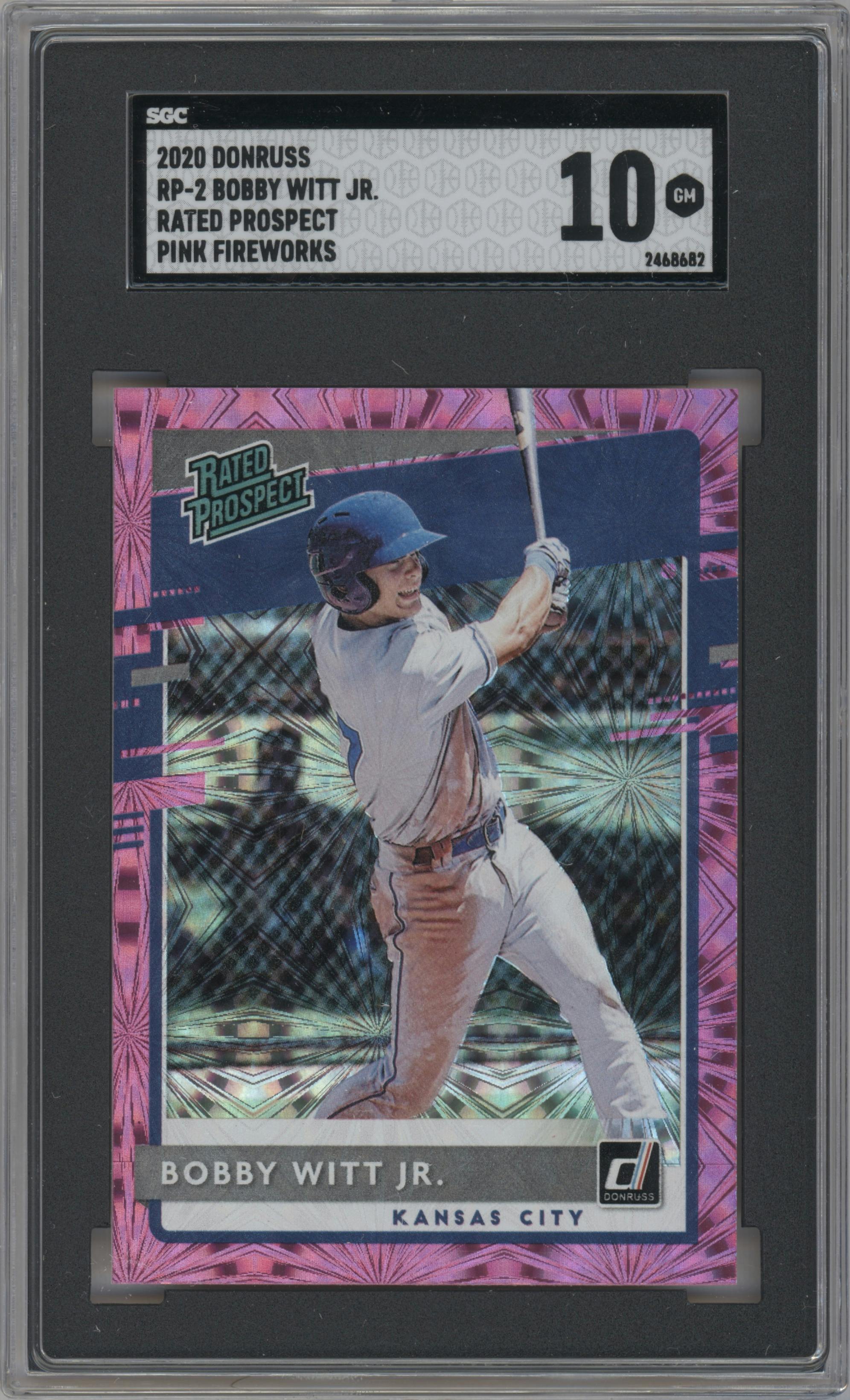 Bobby Witt Jr. from the 2020 Panini Donruss set featuring a Pink Fireworks parallel graded by SGC and given an overall grade of 10.