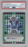 Anthony Richardson from the 2023 Panini Mosaic set featuring a Choice Fusion Green & Black parallel graded by PSA and given an overall grade of 10.
