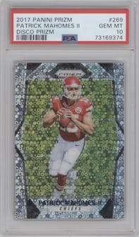 Patrick Mahomes II from the 2017 Panini Prizm set featuring a Disco parallel graded by PSA and given an overall grade of 10.
